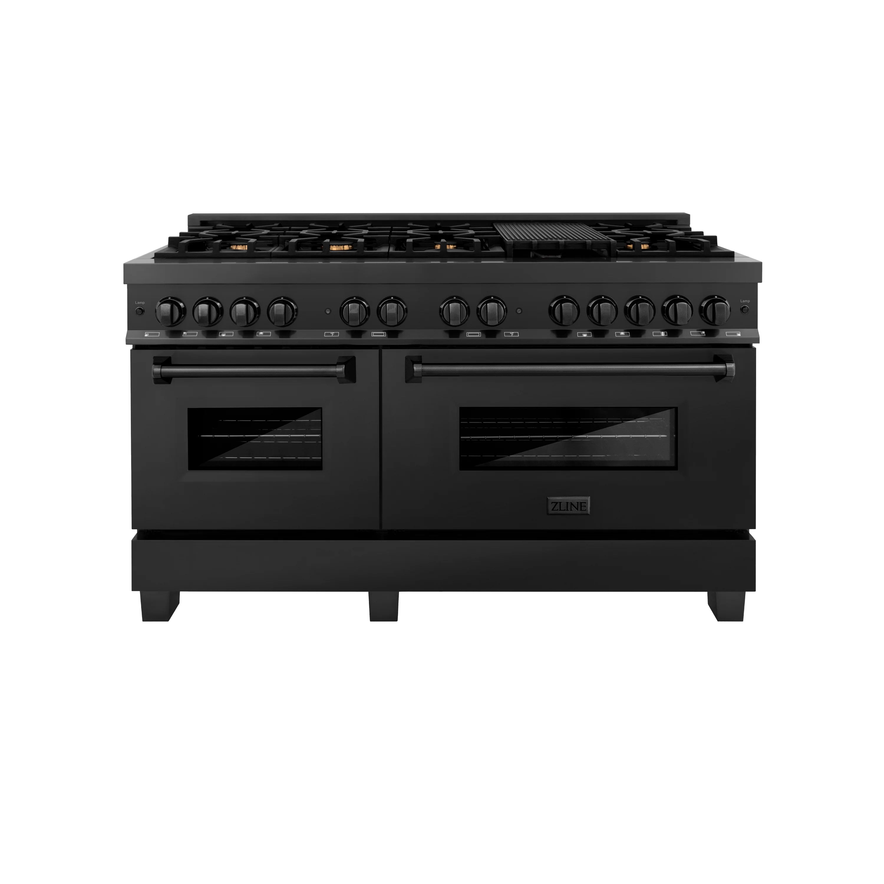 Black stainless dual fuel range front view with burner knobs and two oven doors