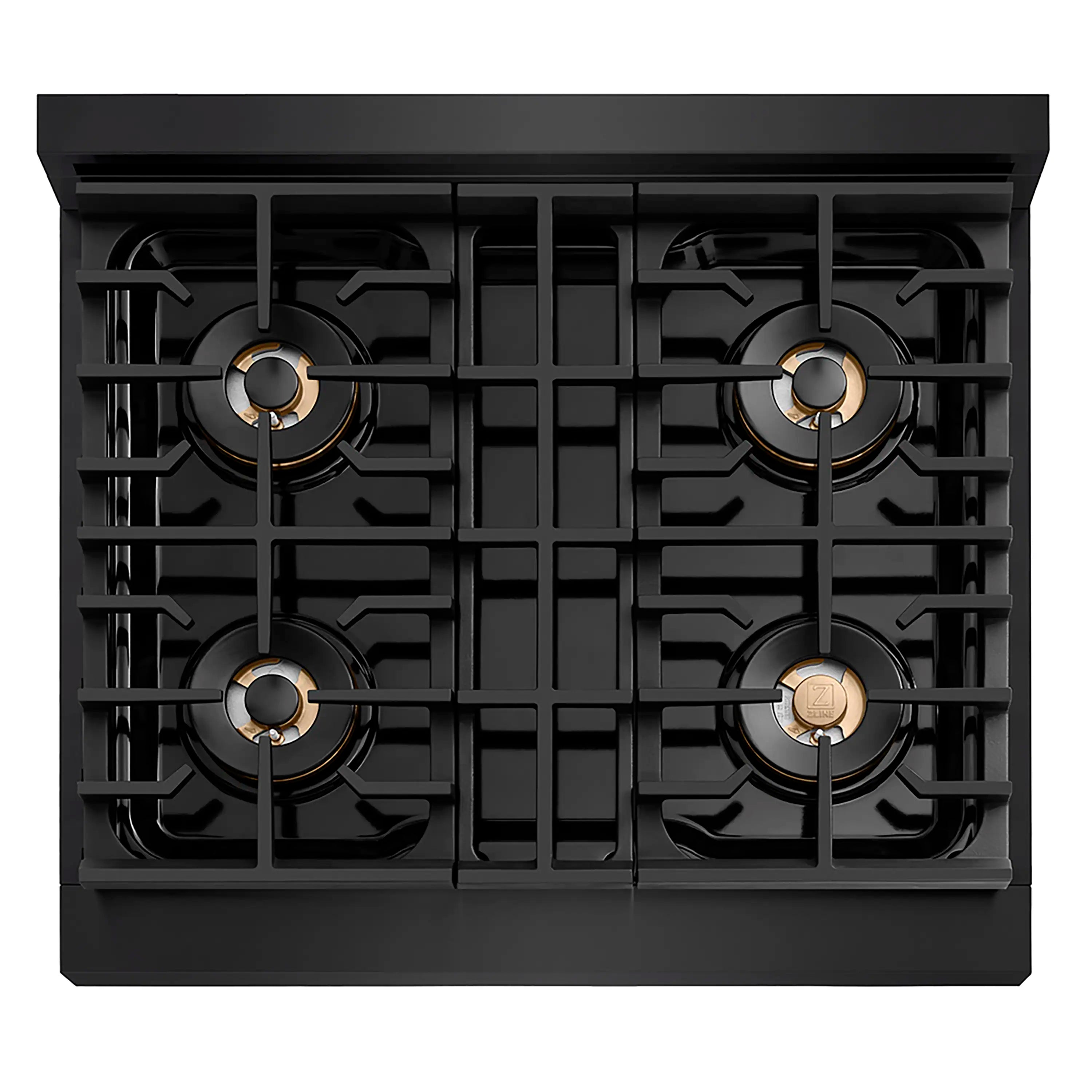Black four-burner gas cooktop with grates and circular burner caps
