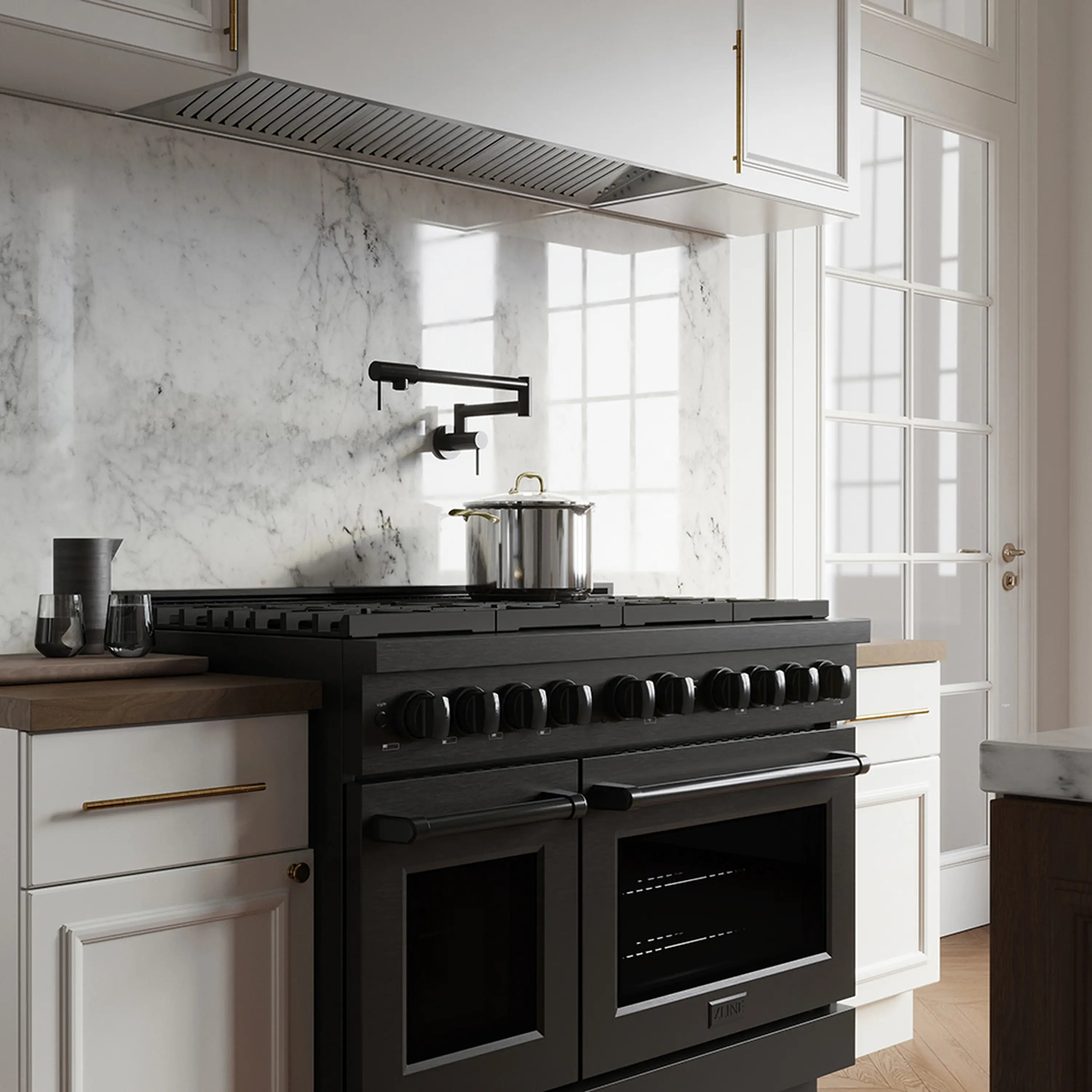 Black stainless dual fuel range with eight-burner cooktop and dual ovens, front view
