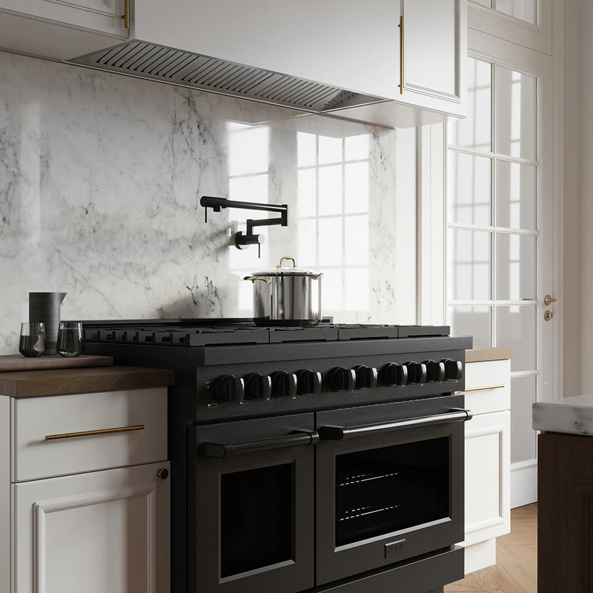 Black stainless dual fuel range with eight-burner cooktop and dual ovens, front view