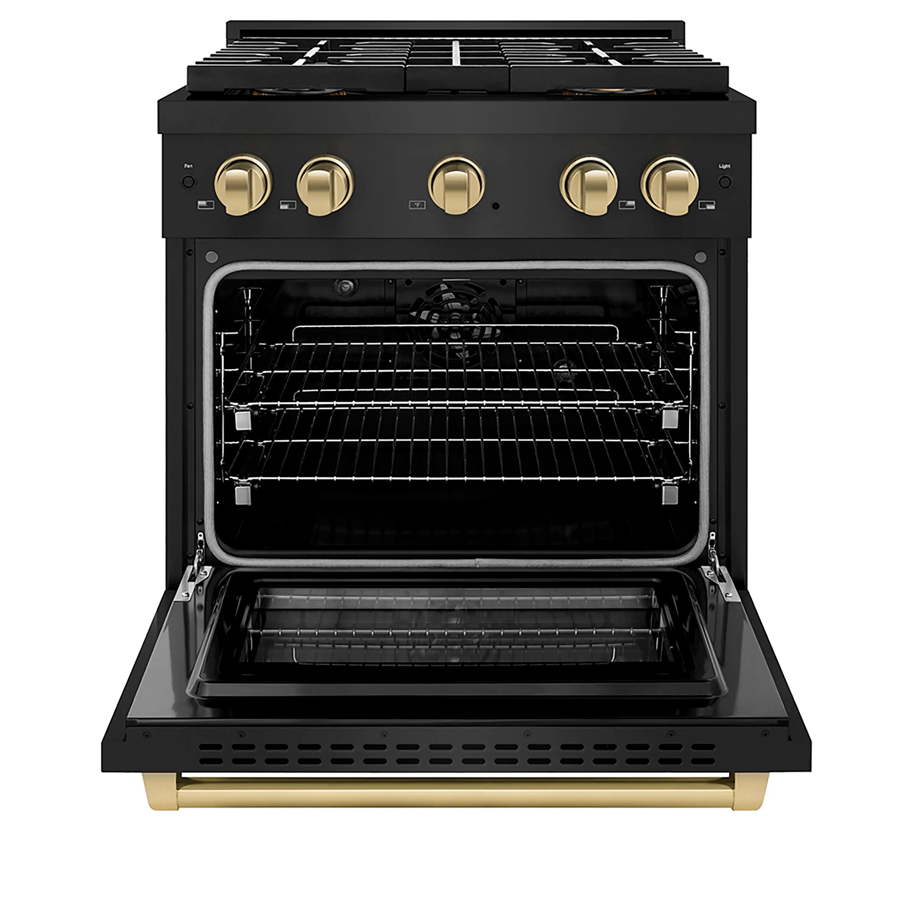 Open black oven door showing wire rack and interior cavity on the range.