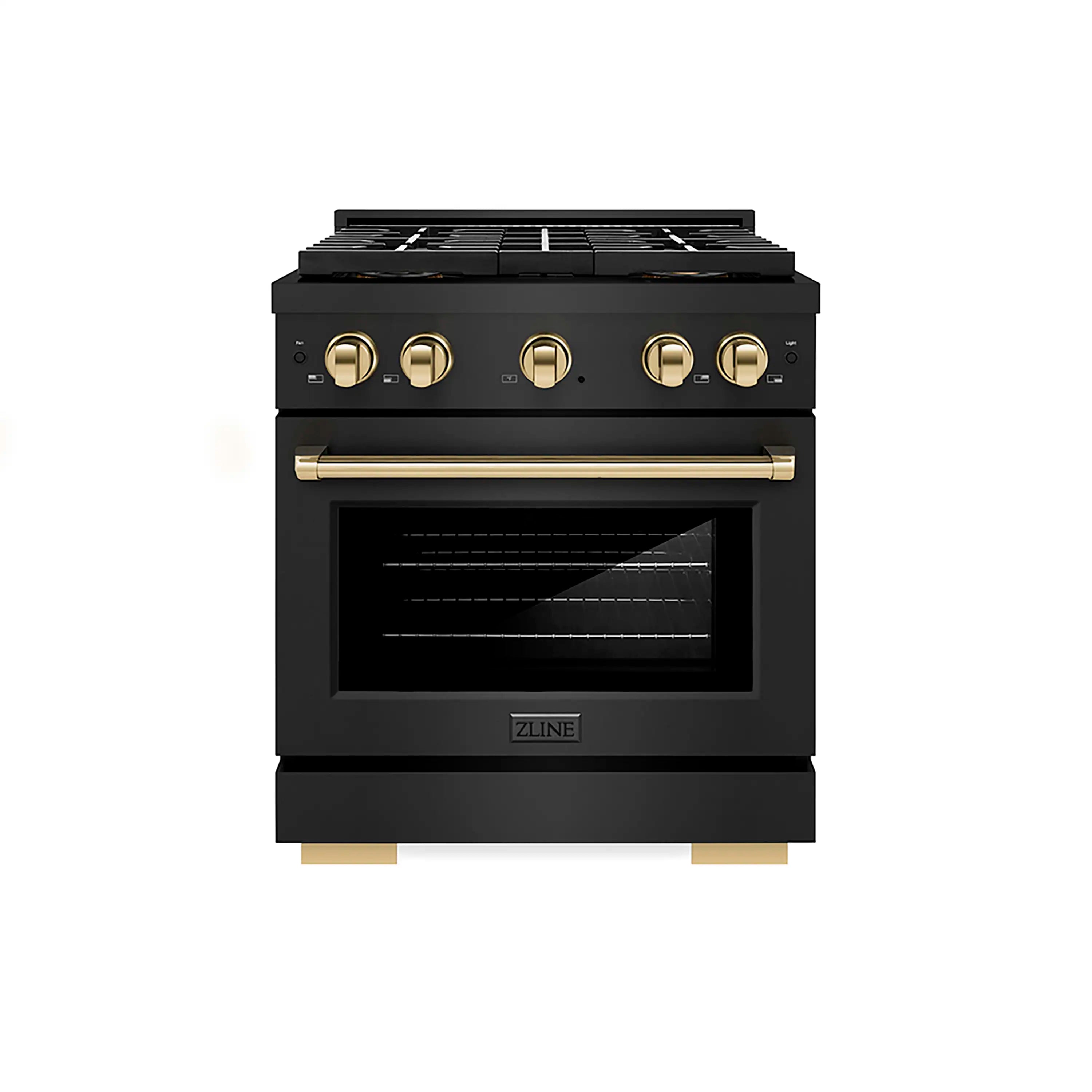 Dual fuel range in black with gold control knobs and oven door window
