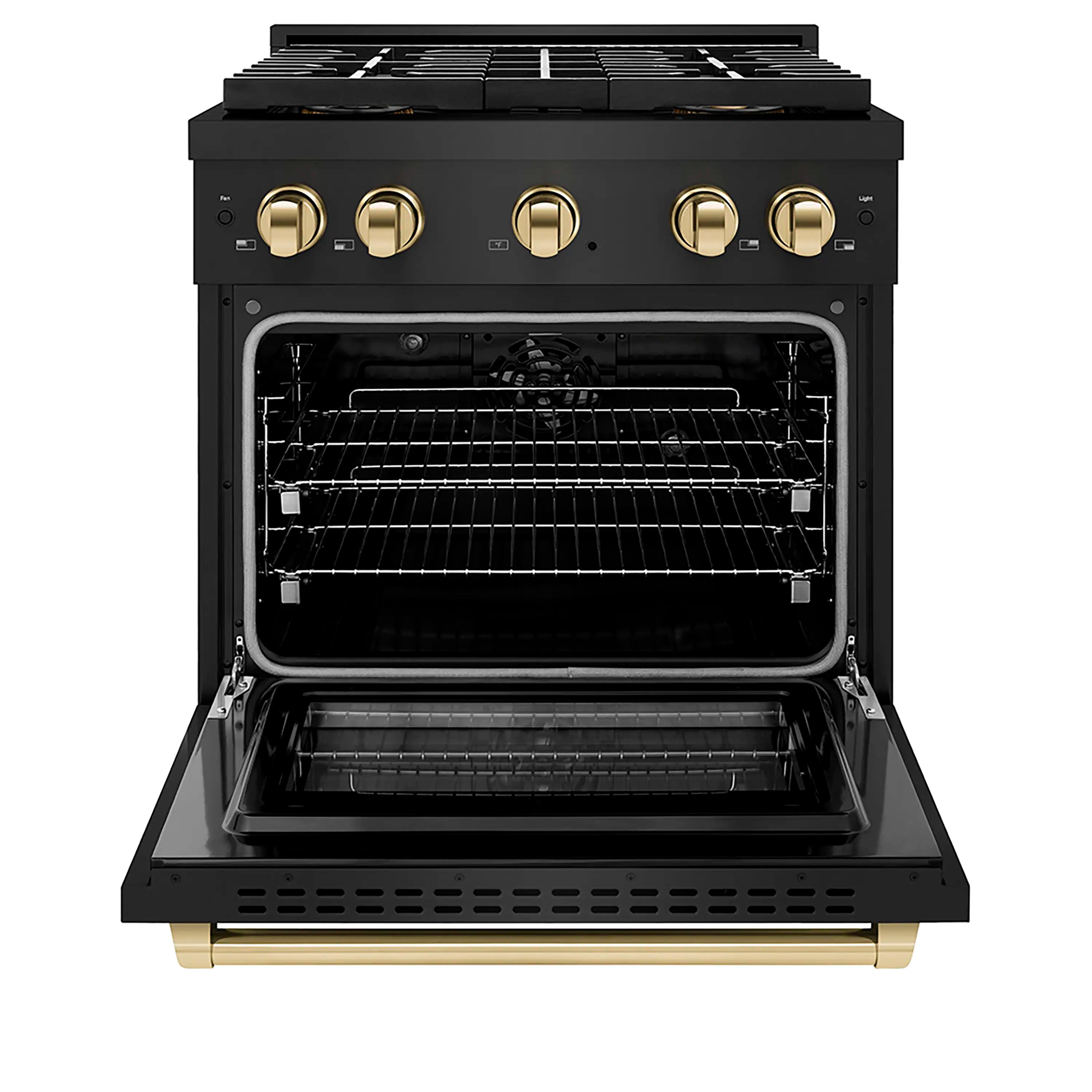 Black stainless steel dual fuel range with open electric convection oven and gold accents
