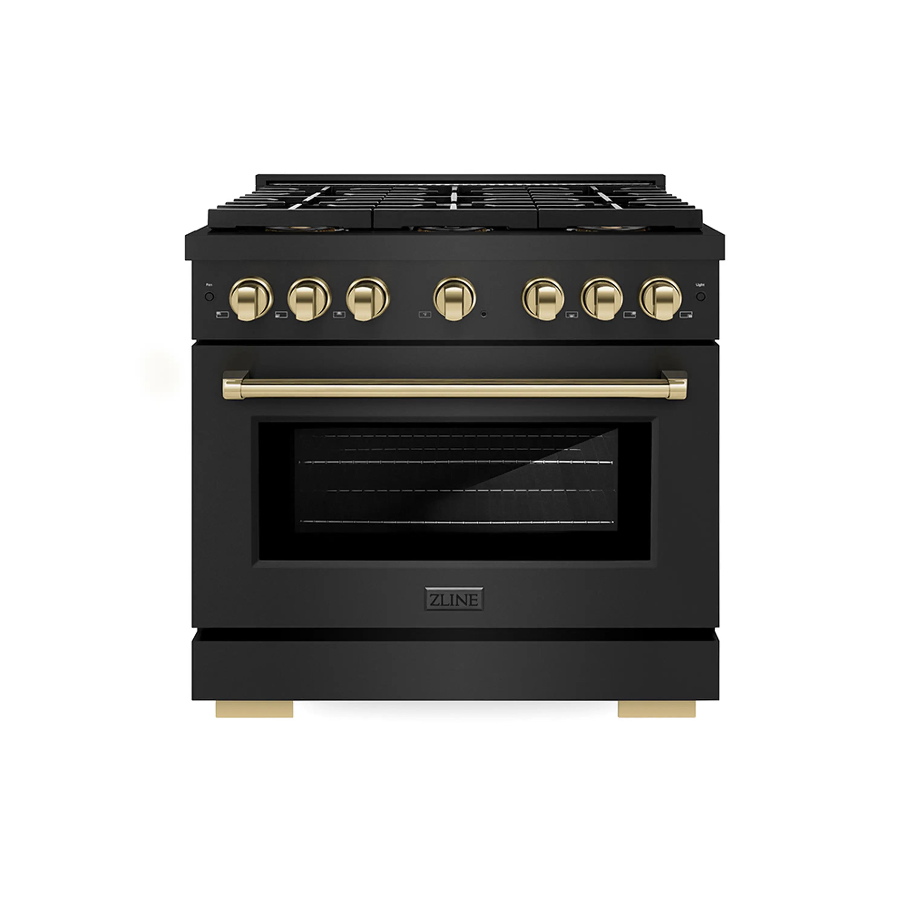 Black stainless steel dual fuel range with gold knobs and electric convection oven