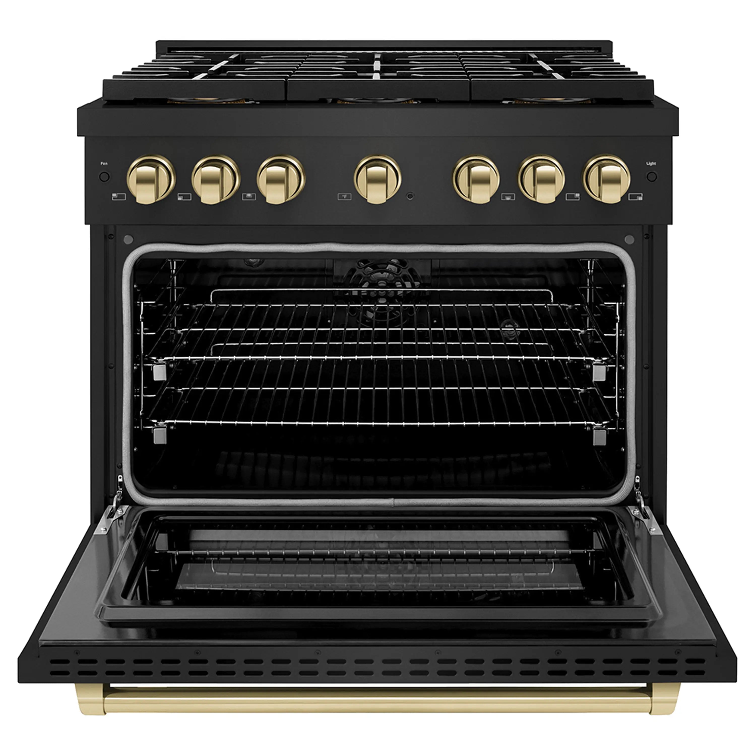 Range with oven door open showing interior racks and gold control knobs