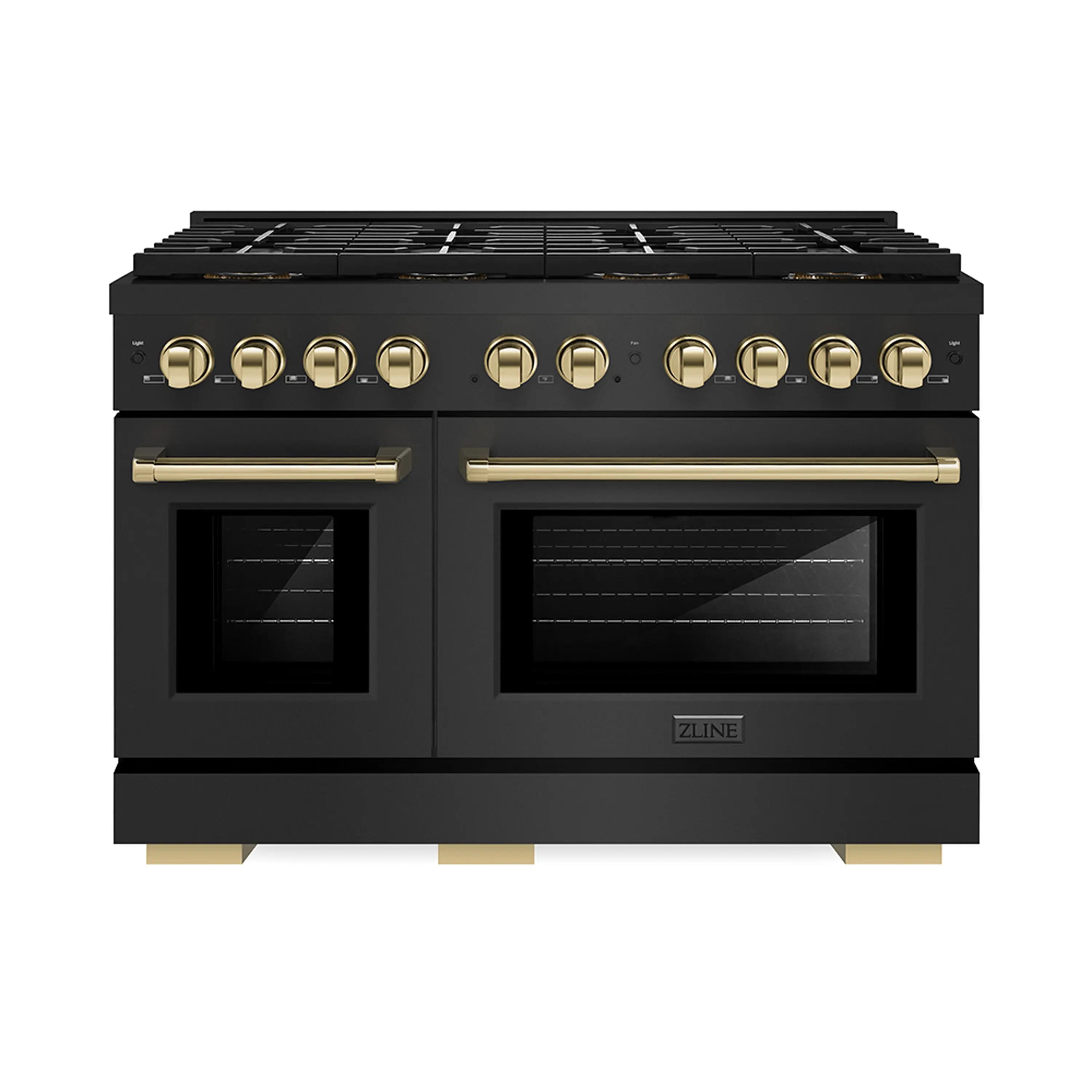 Black dual-oven range with gold control knobs and dual oven doors