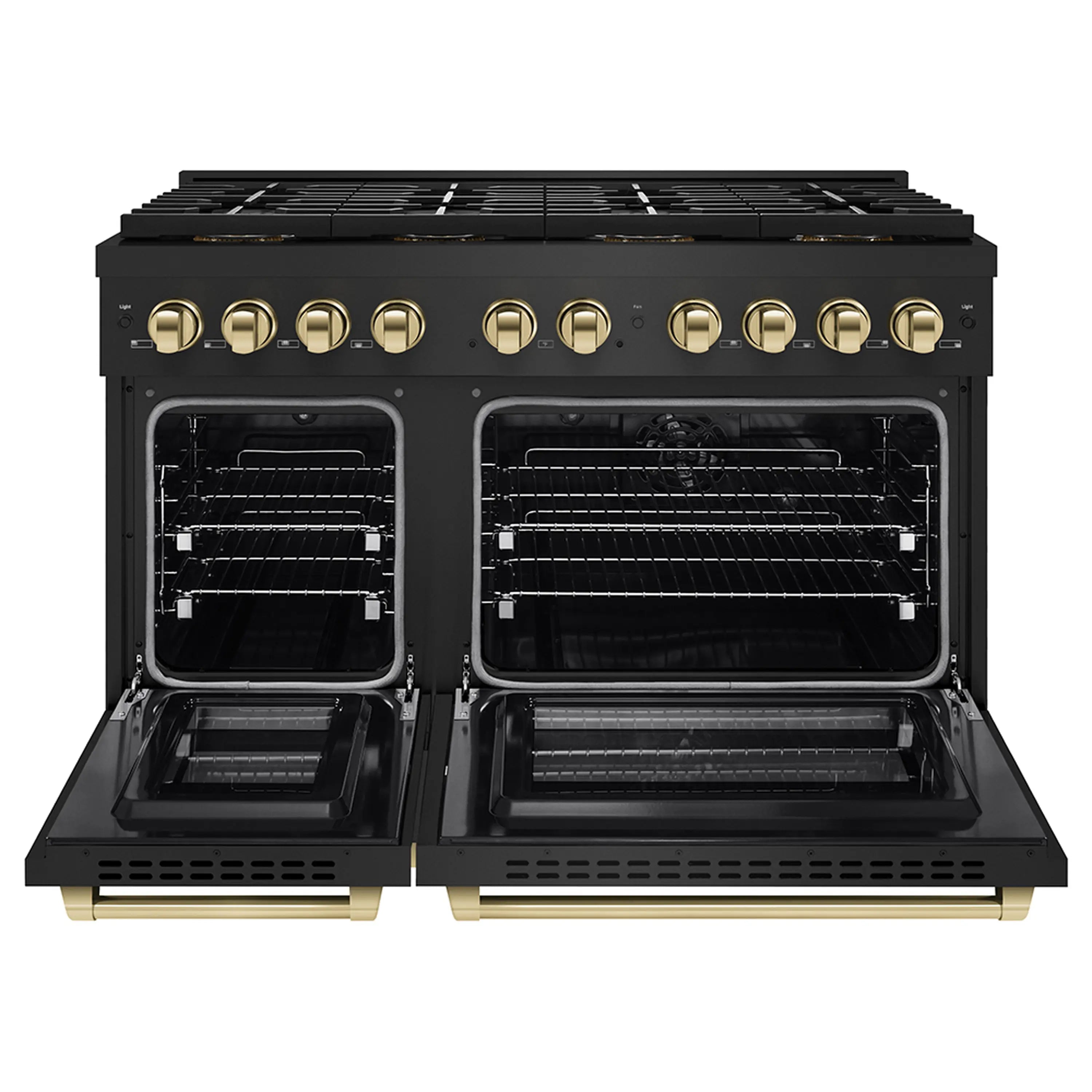 Black range with both oven doors open, showing racks and interior heating elements