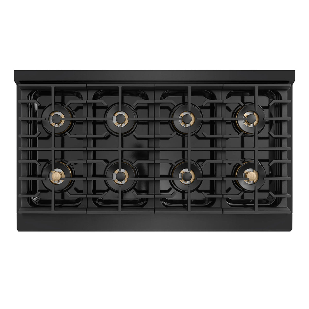 Black cooktop burner layout with gold burner caps under grates
