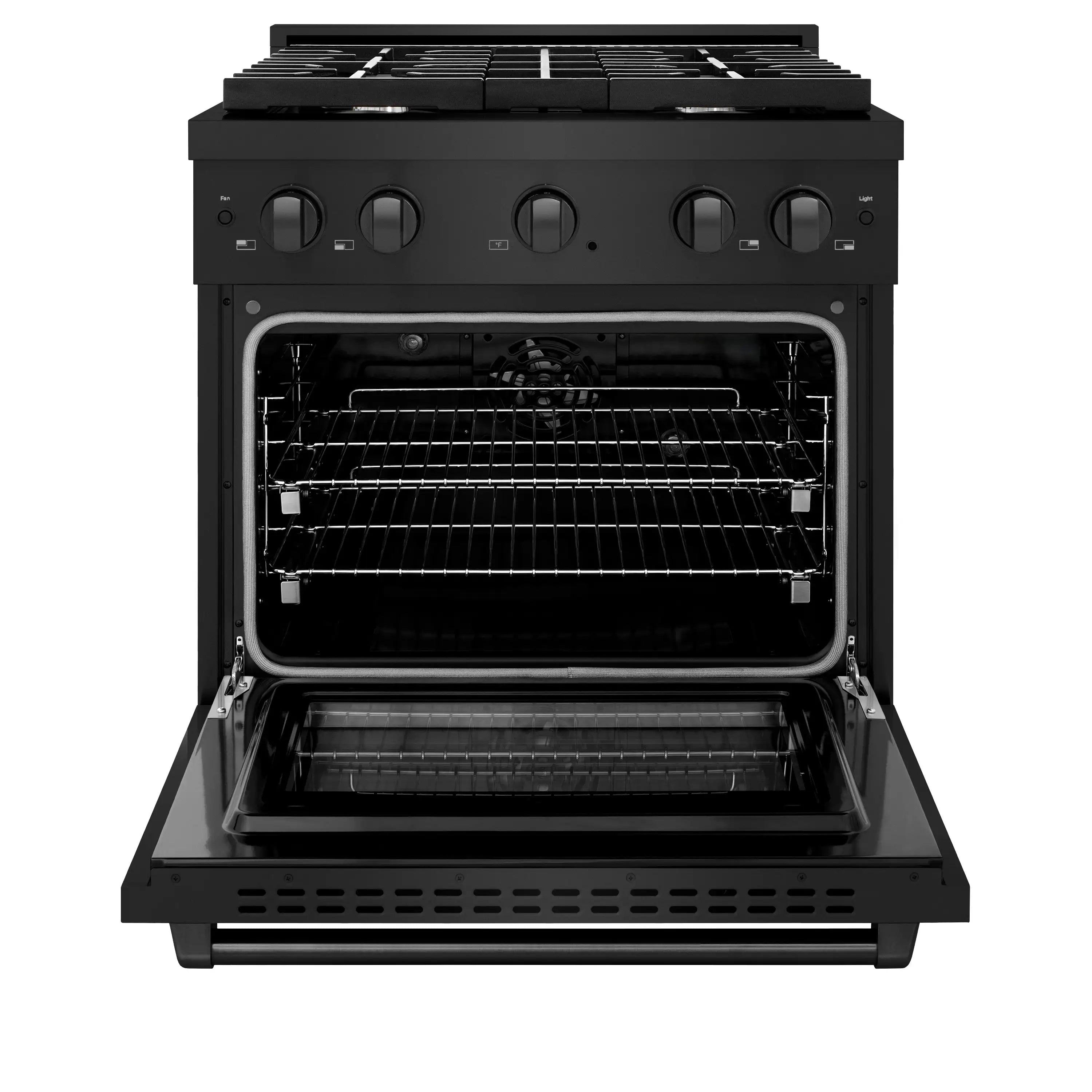 Black electric convection oven with open door and wire baking rack inside