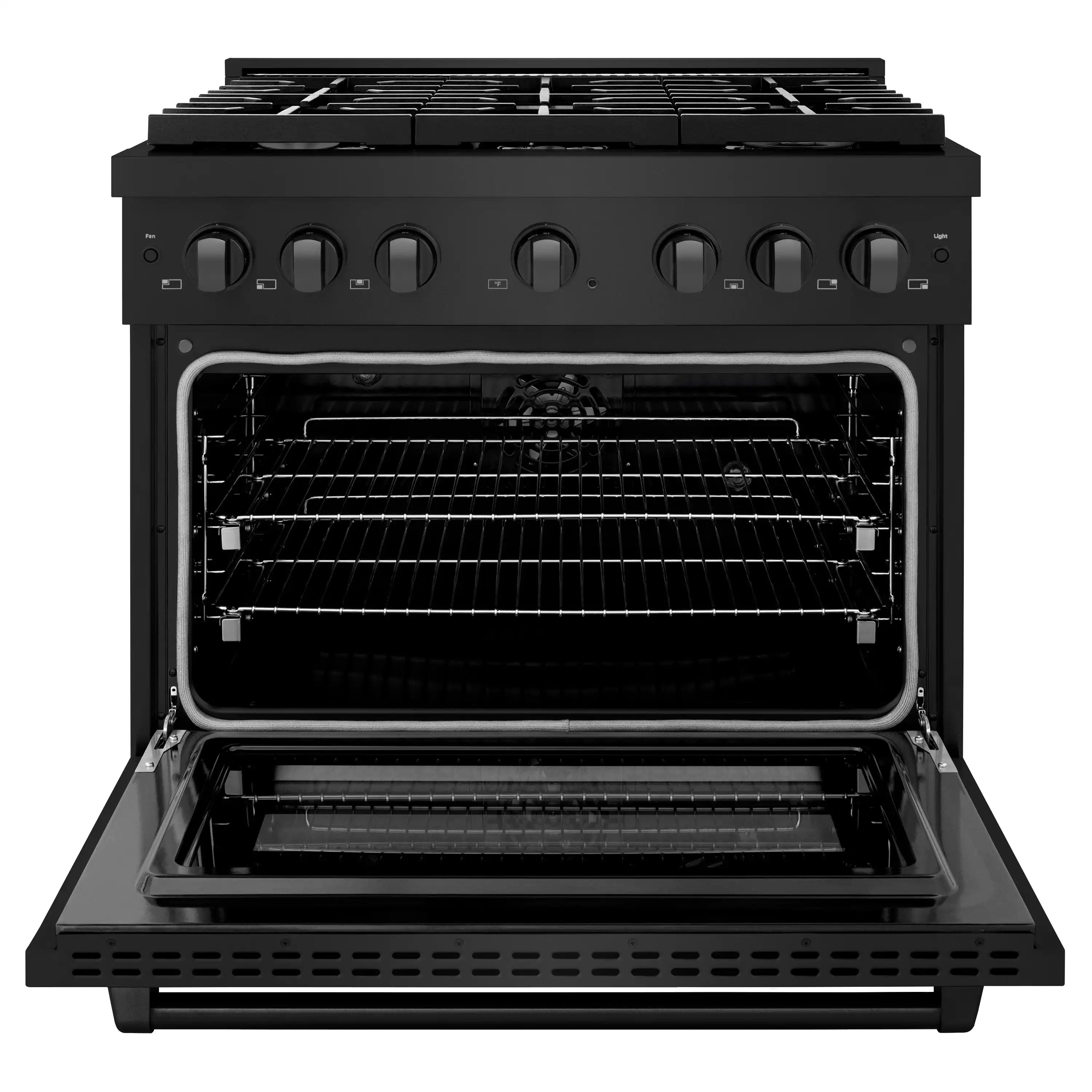 Black dual fuel range with oven door open, showing racks and burner cooktop