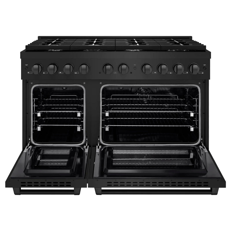 ZLINE 48-Inch 6.7 cu. ft. Paramount Double Oven Dual Fuel Range with 8 Burner Gas Cooktop in Black Stainless Steel (SDRB-48)