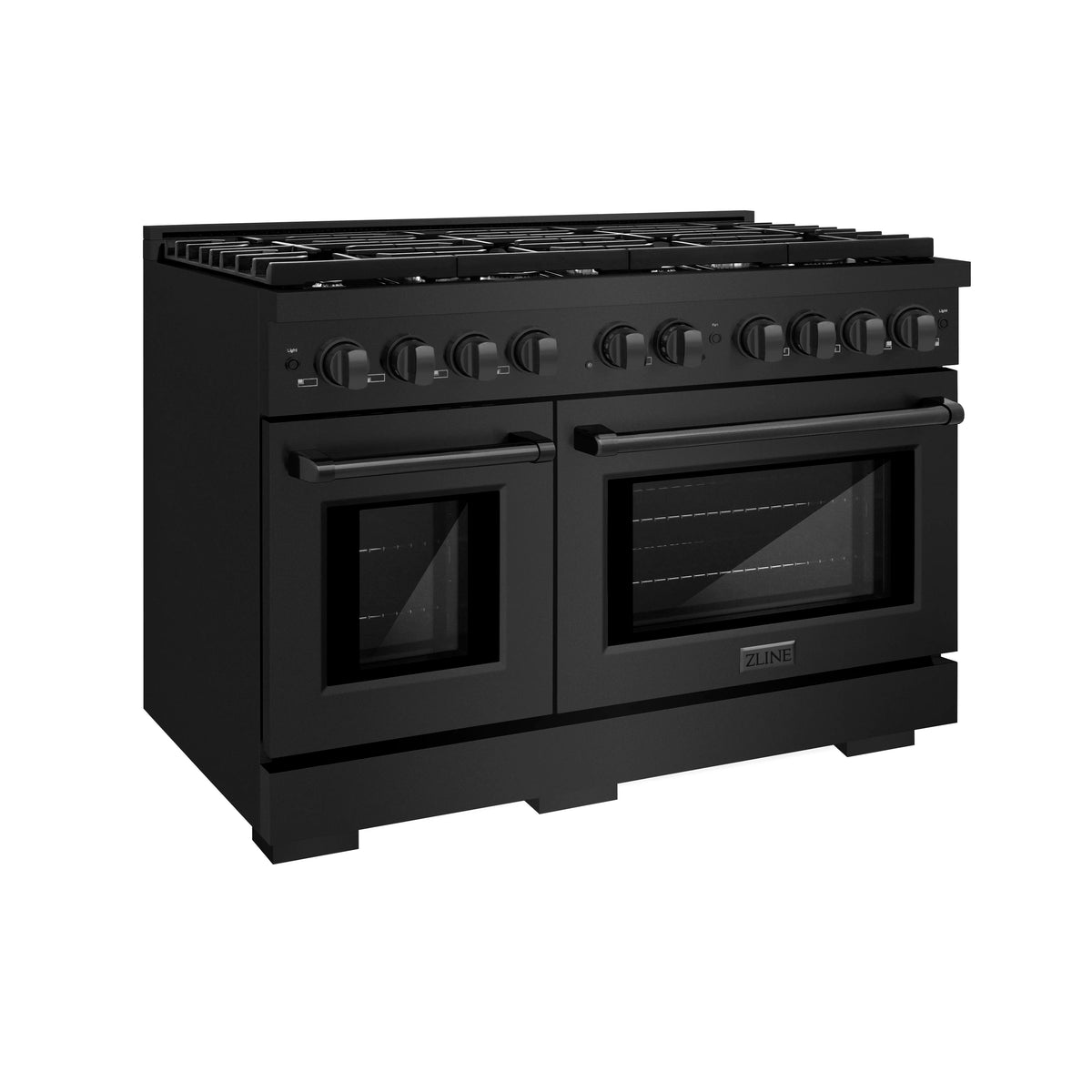 Black stainless steel dual-oven range with control knobs and oven window doors