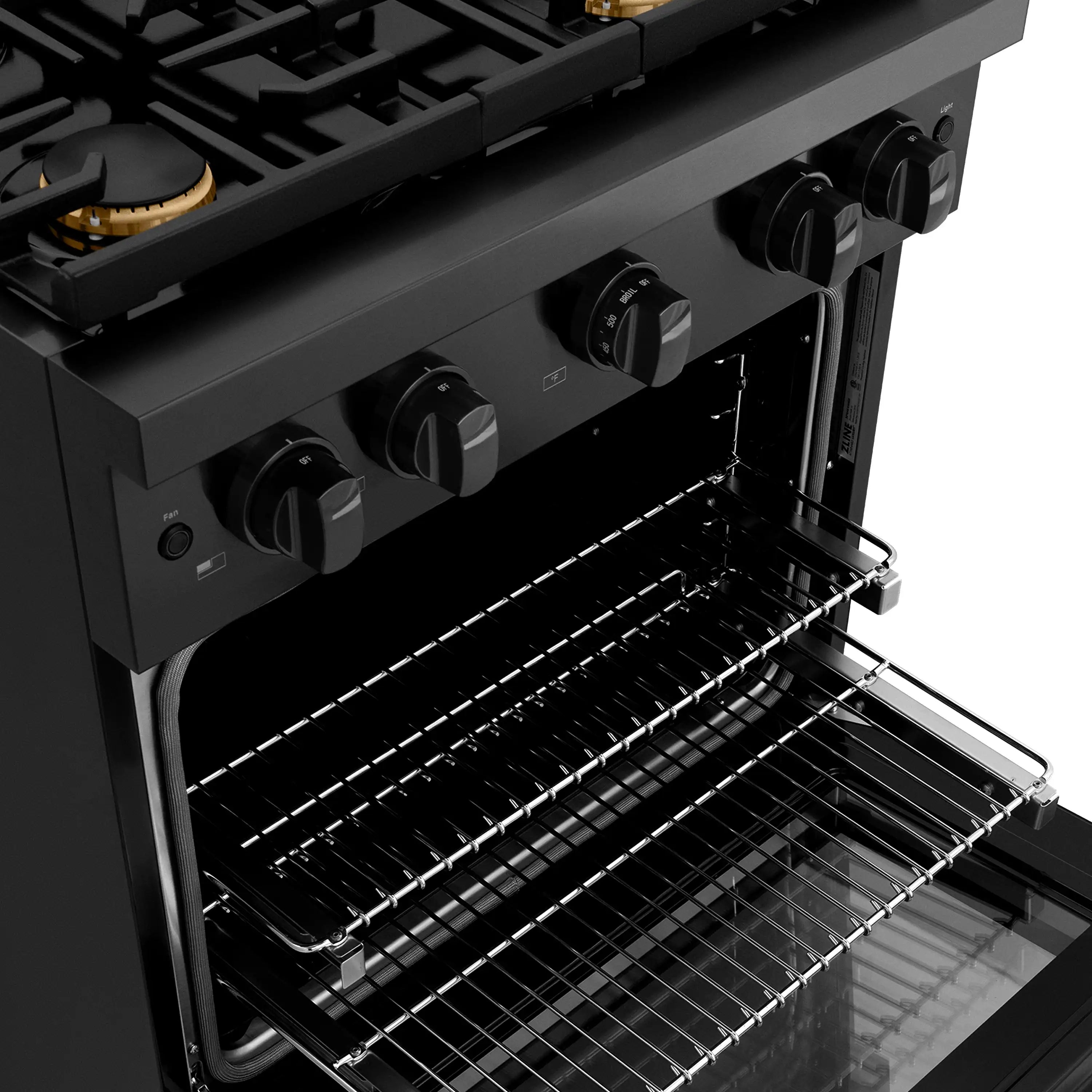 Open oven cavity with wire racks and top heating elements inside the range.