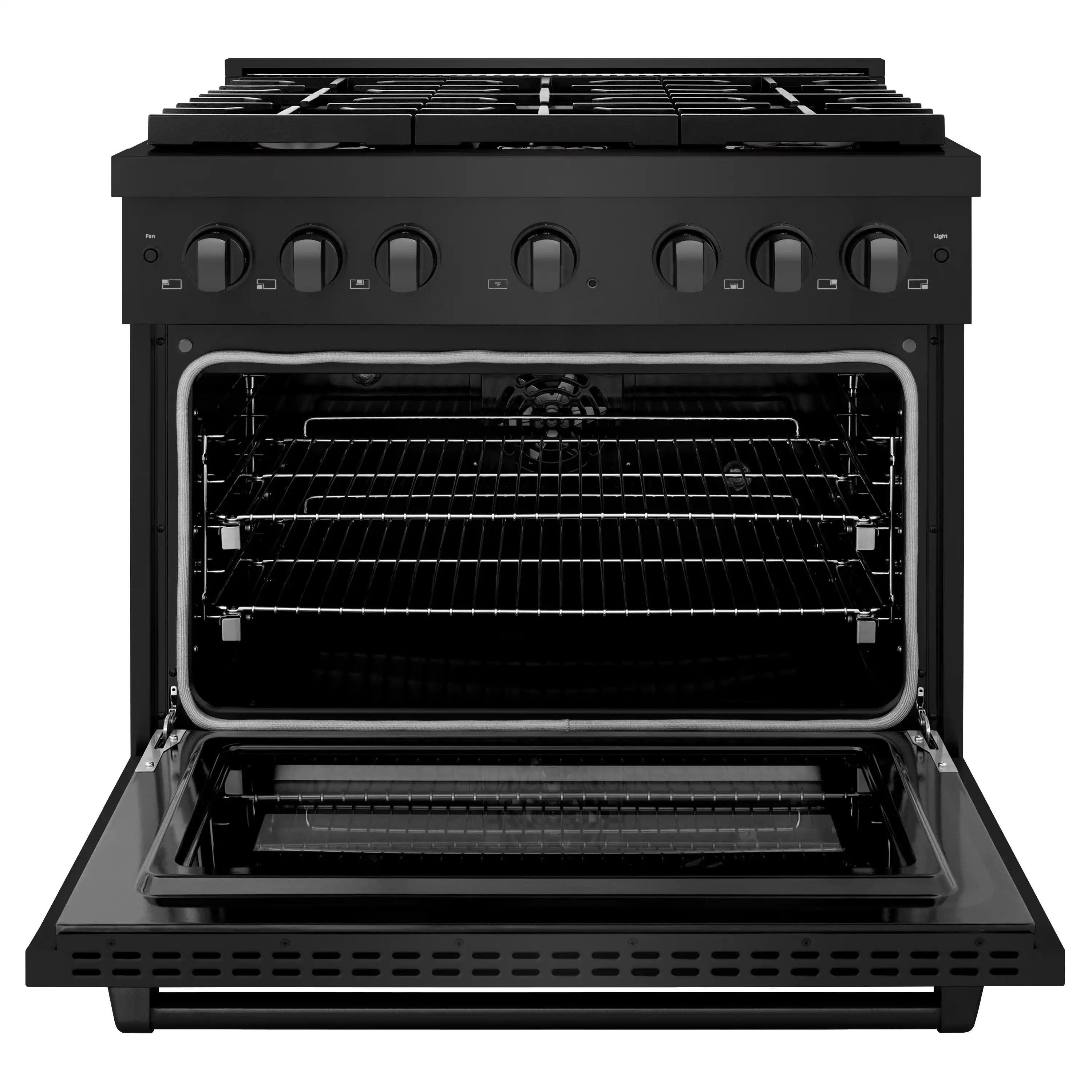ZLINE dual fuel range with oven door open, showing electric convection oven racks.