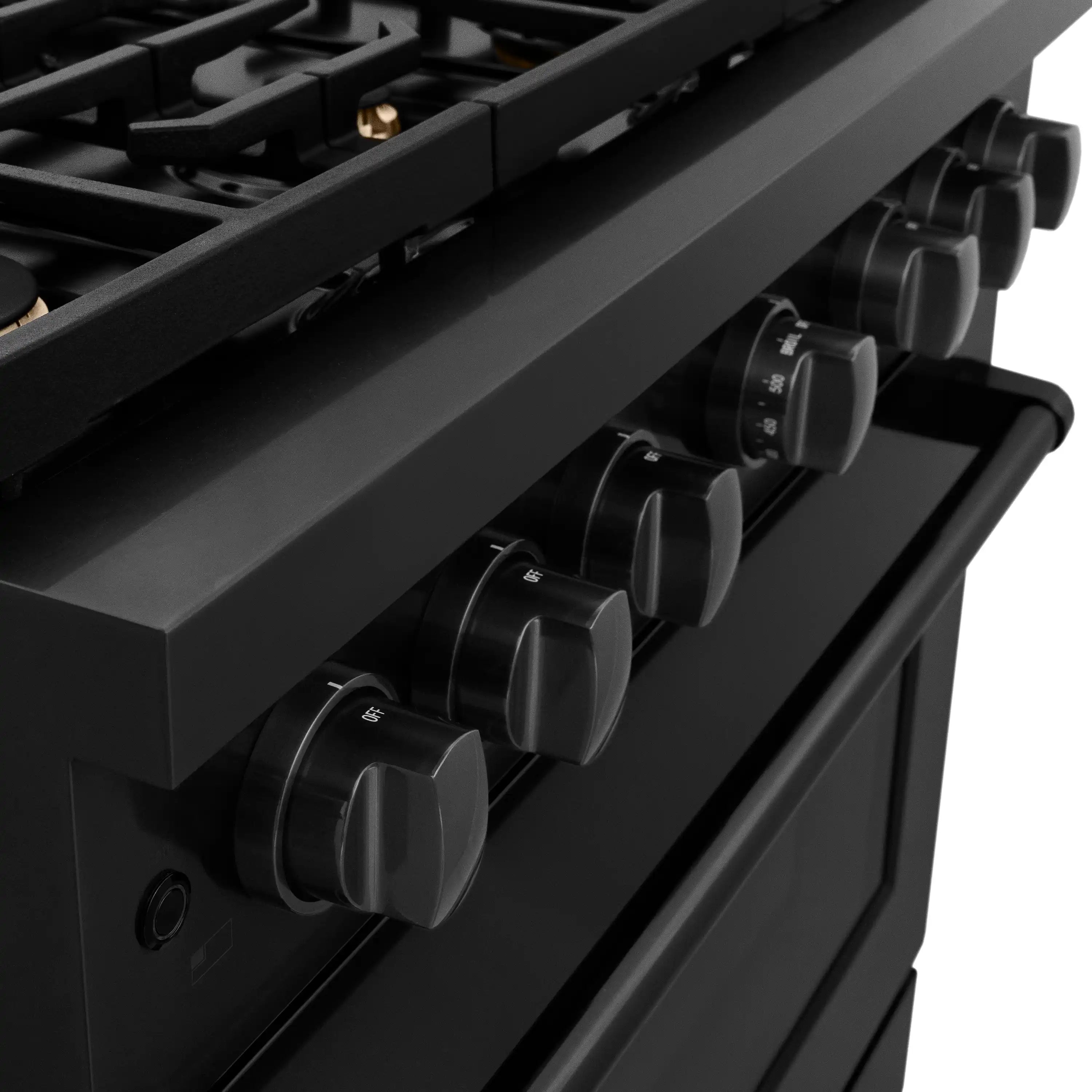 ZLINE black stainless cooktop burner knobs and front control panel detail.