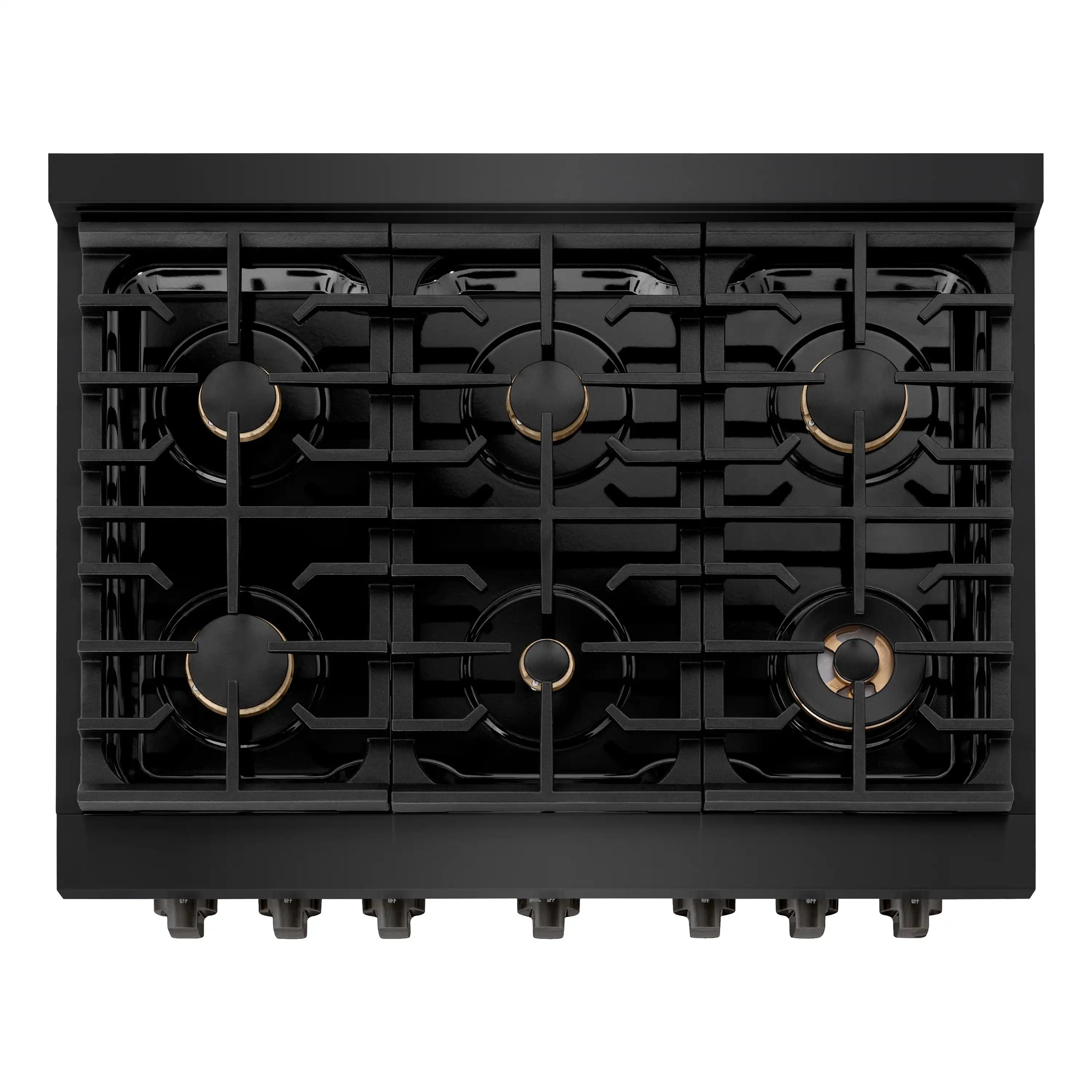 ZLINE dual fuel range gas cooktop with 6 burners and black grates, front close-up.