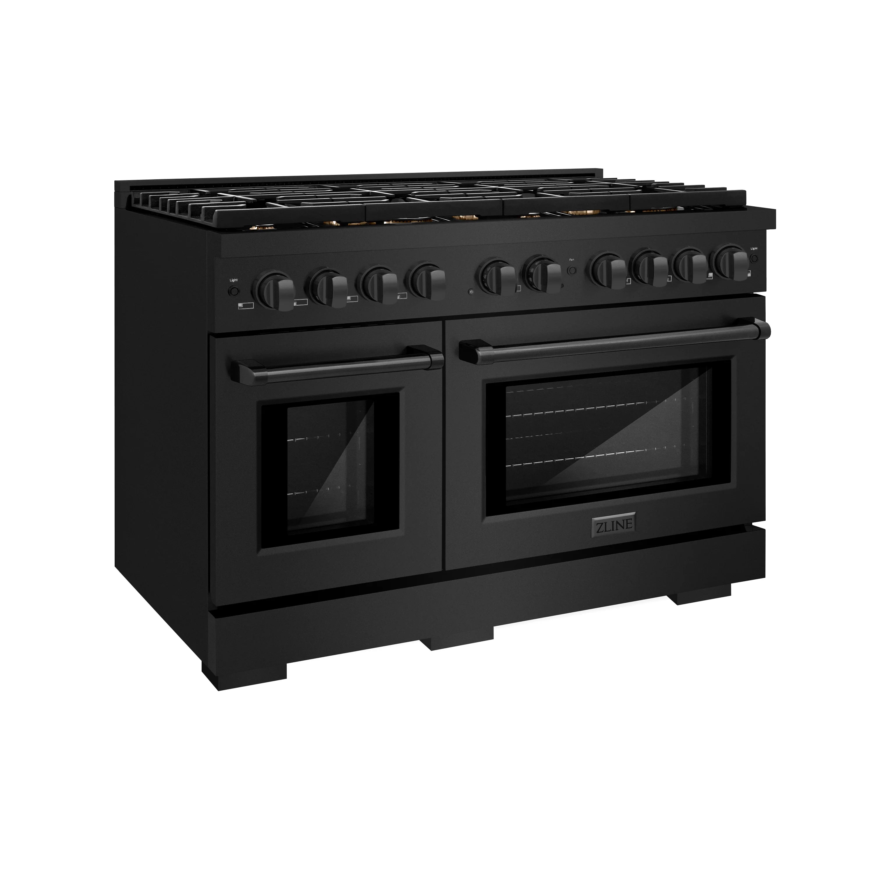 Black stainless steel double oven dual fuel range with two glass doors and control panel