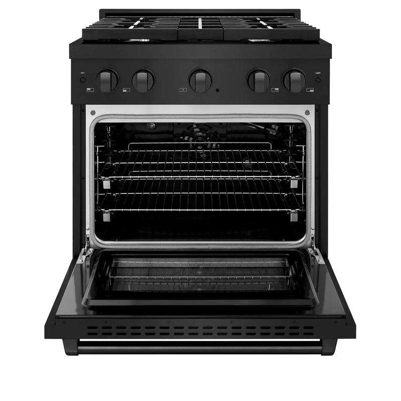 ZLINE 3-Piece Appliance Package - 30-Inch Gas Range, Over-the-Range Microwave/Vent Hood Combo, and Dishwasher in Black Stainless Steel (3KP-RGBOTRH30-DW)