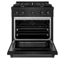 ZLINE 4-Piece Appliance Package - 30-Inch Gas Range, Refrigerator with Water Dispenser, Convertible Wall Mount Hood, and Microwave Drawer in Black Stainless Steel (4KPRW-SGRBRH30-MWD)
