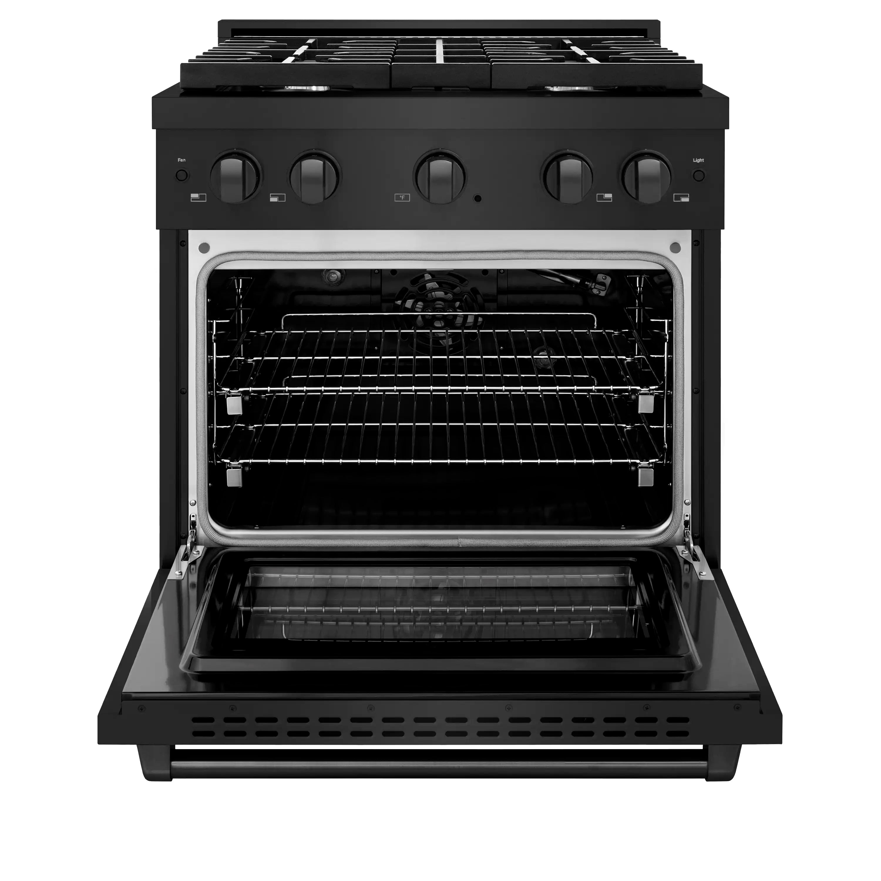 Black gas range oven door open, showing upper and lower racks