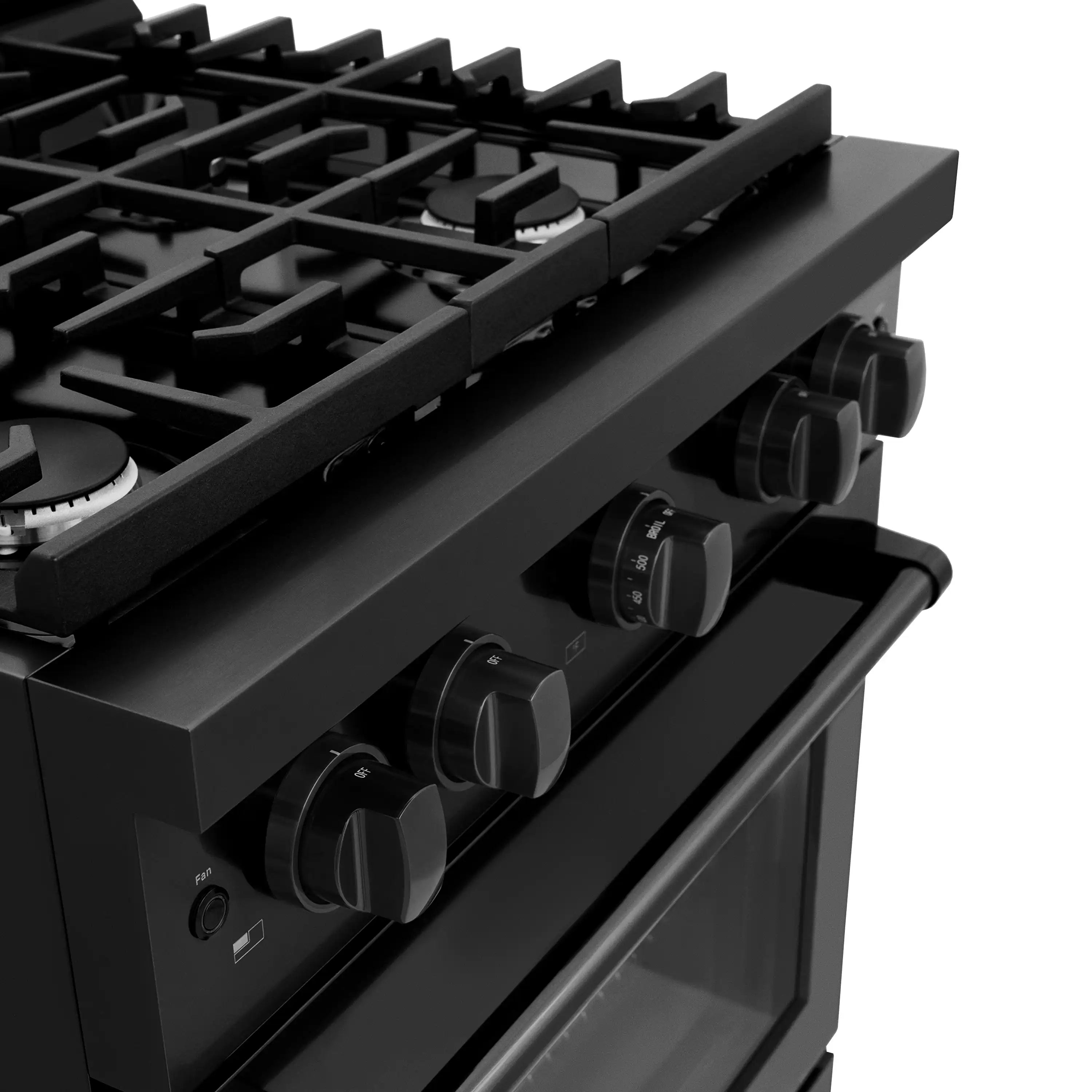 Black gas range cooktop with burner grates and front control knobs
