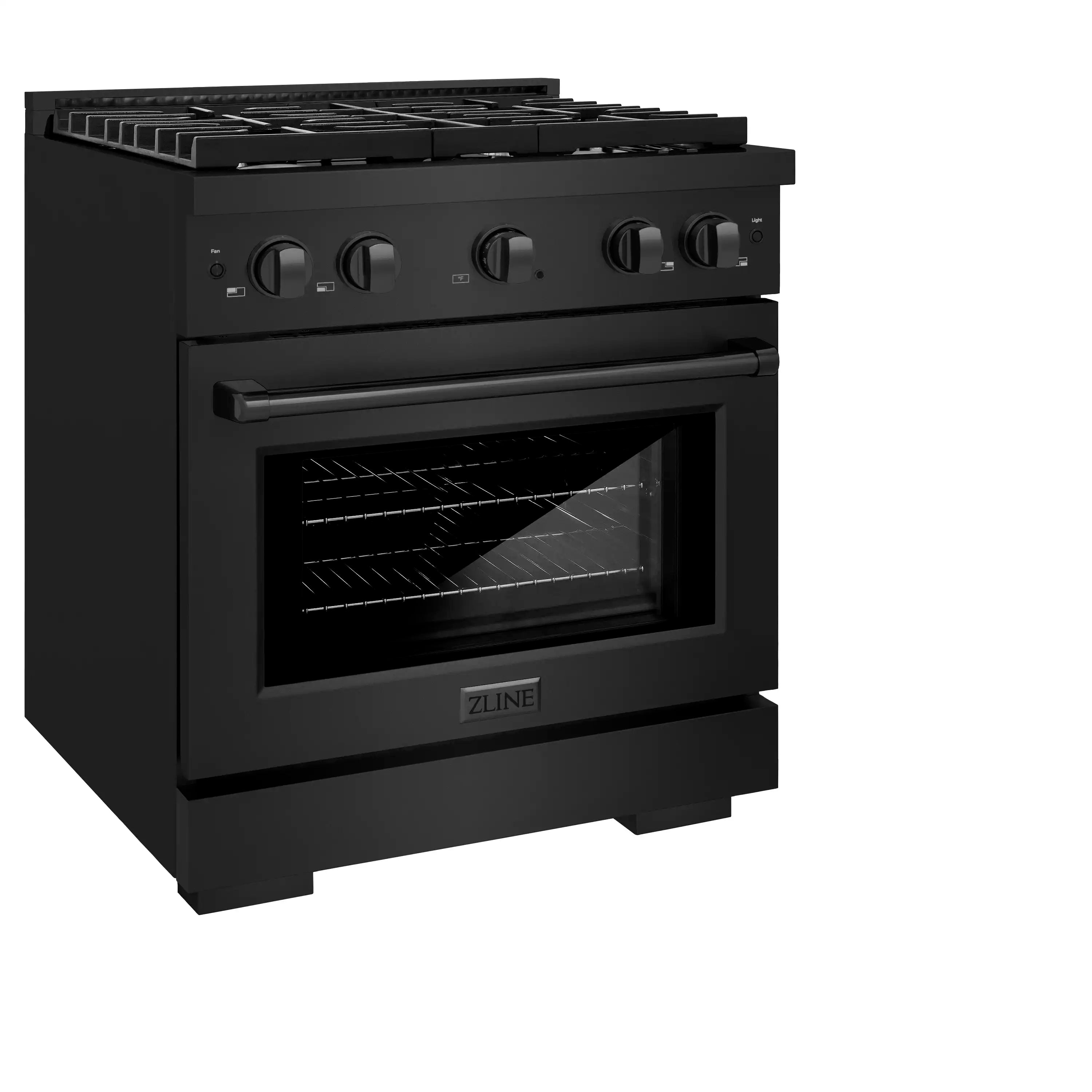 Black gas range front view with cooktop grates and oven door