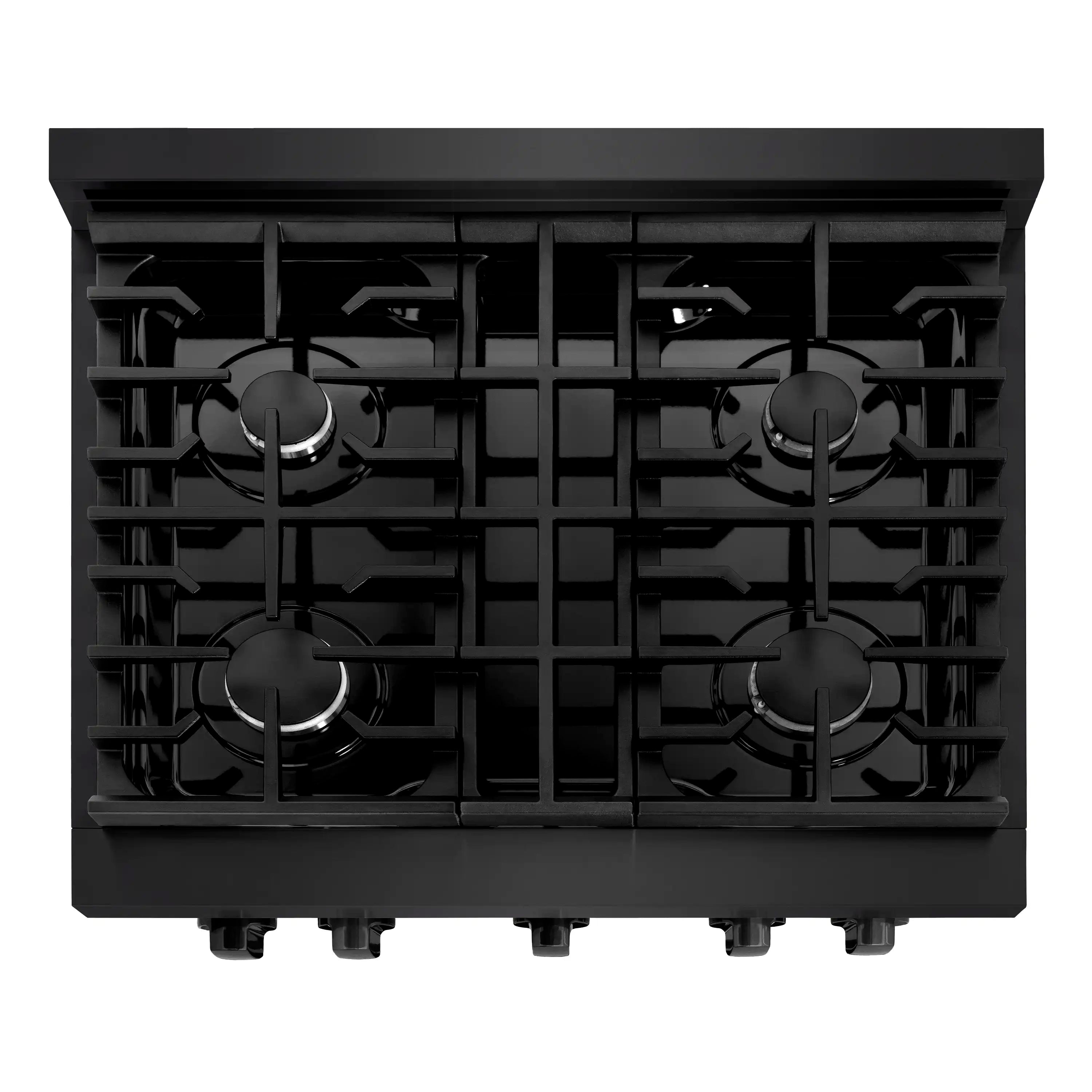 Black gas range cooktop with four burner knobs and matching burner grates