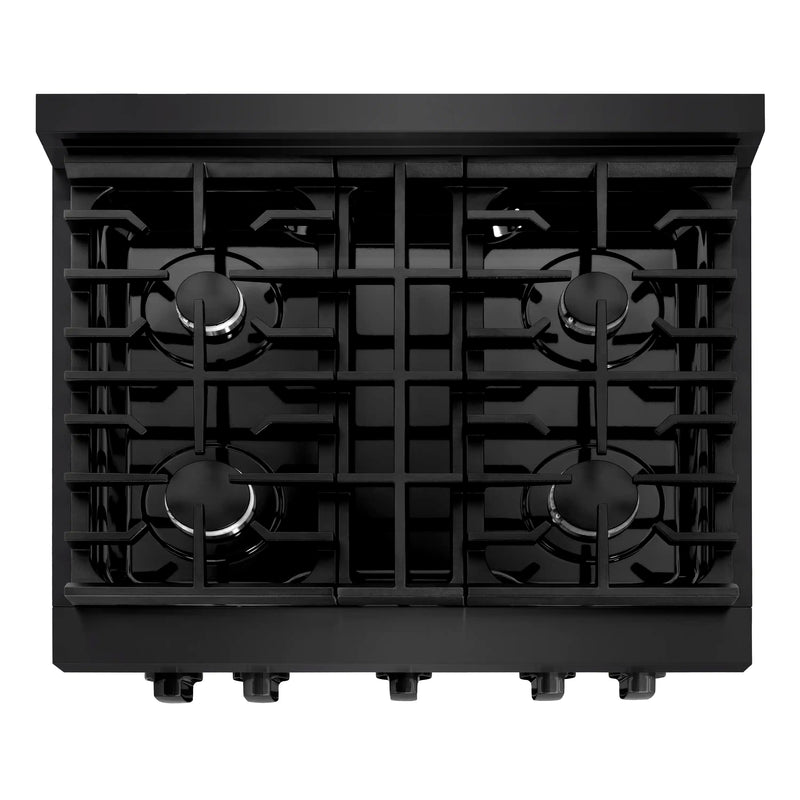 ZLINE 5-Piece Appliance Package - 30-Inch Gas Range, Refrigerator, Convertible Wall Mount Hood, Microwave Drawer, and 3-Rack Dishwasher in Black Stainless Steel (5KPR-RGBRH-MWDWV)