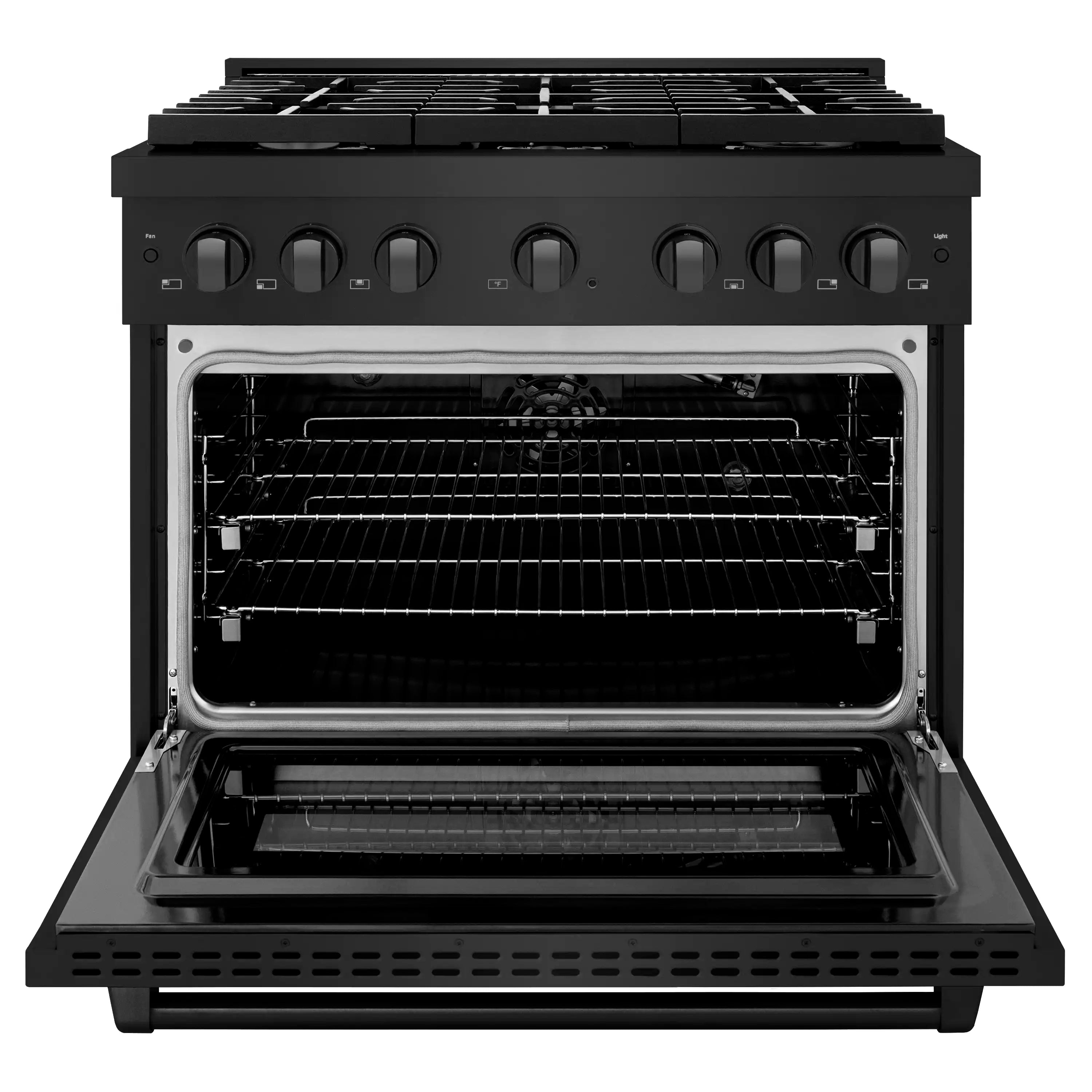 Black gas range oven with open door and multiple oven racks