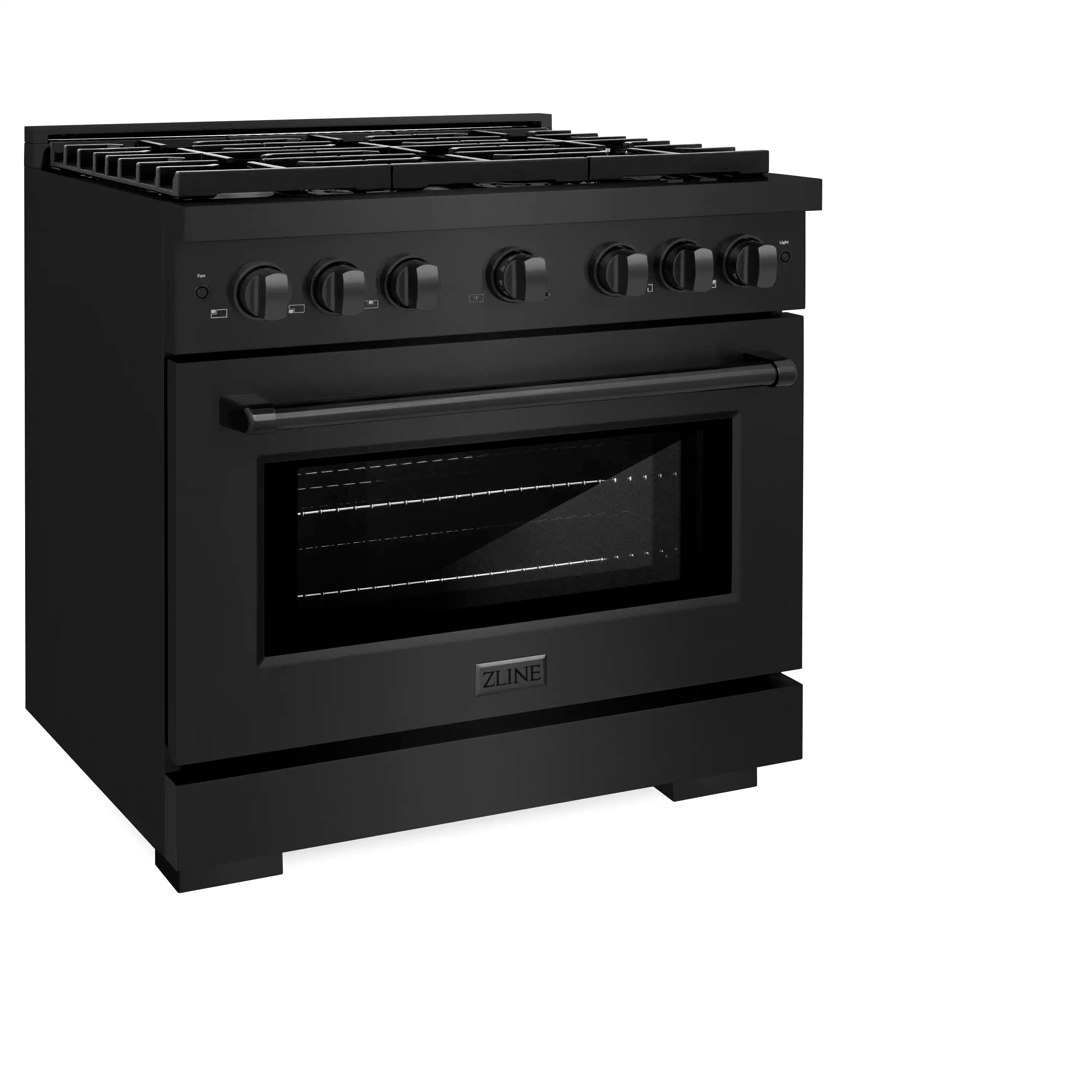 Black gas range with oven door window and control knobs