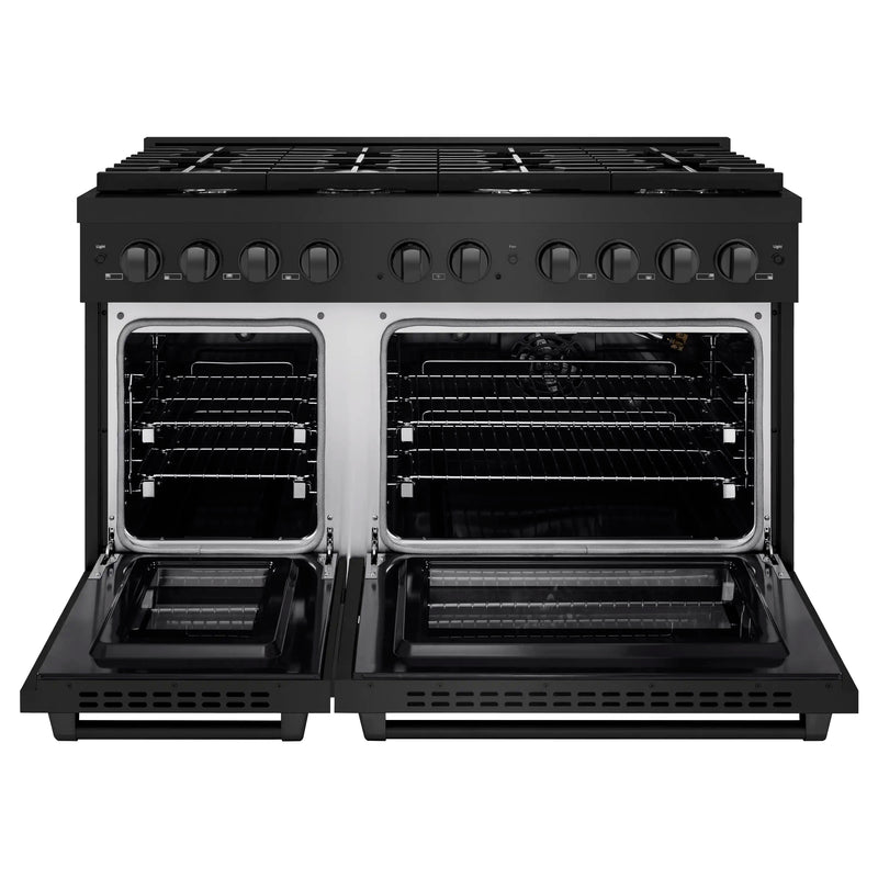 ZLINE 4-Piece Appliance Package - 48-Inch Gas Range, Refrigerator, Convertible Wall Mount Hood, and 3-Rack Dishwasher in Black Stainless Steel (4KPR-RGBRH48-DWV)