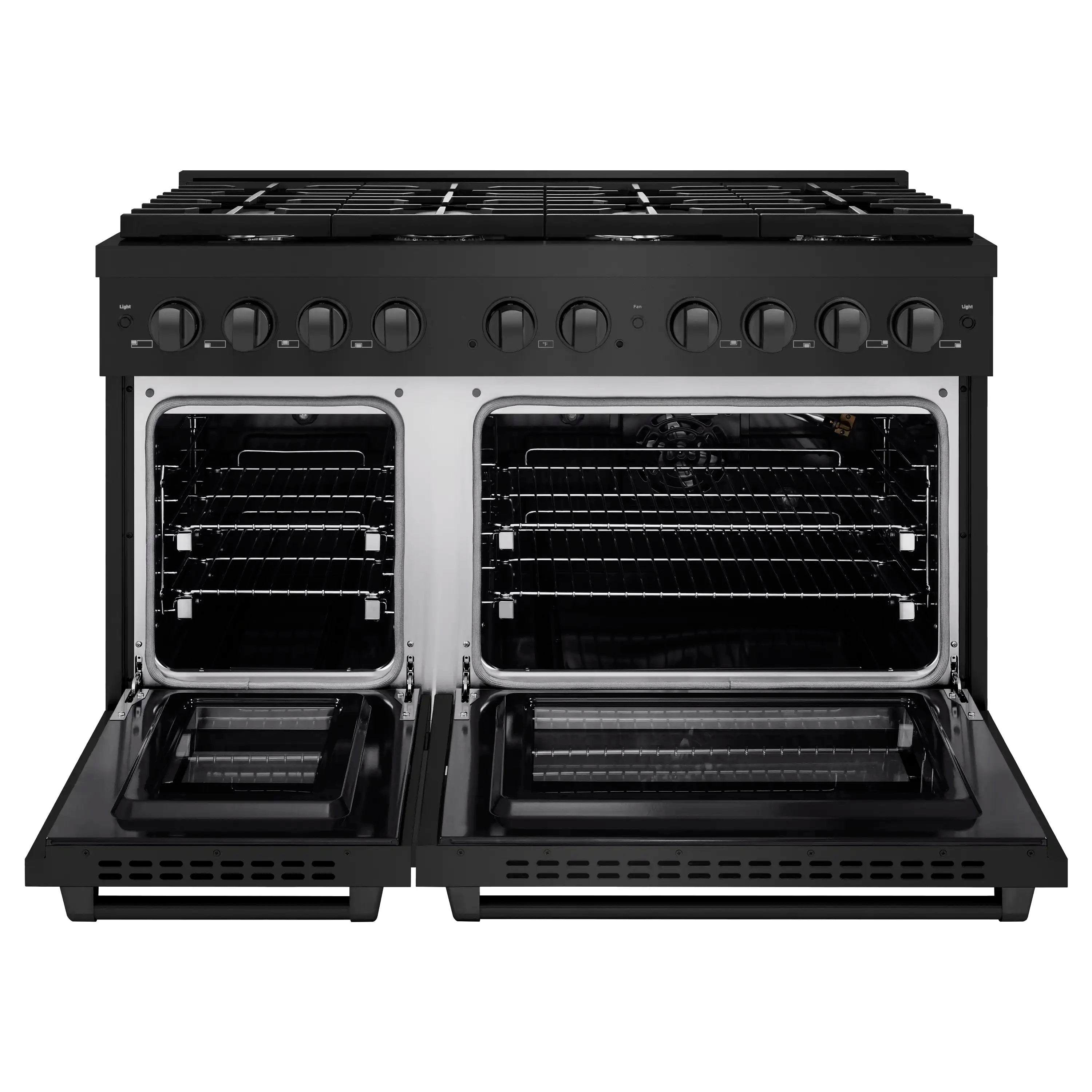 Black stainless steel gas range with both oven doors open, showing racks and grates