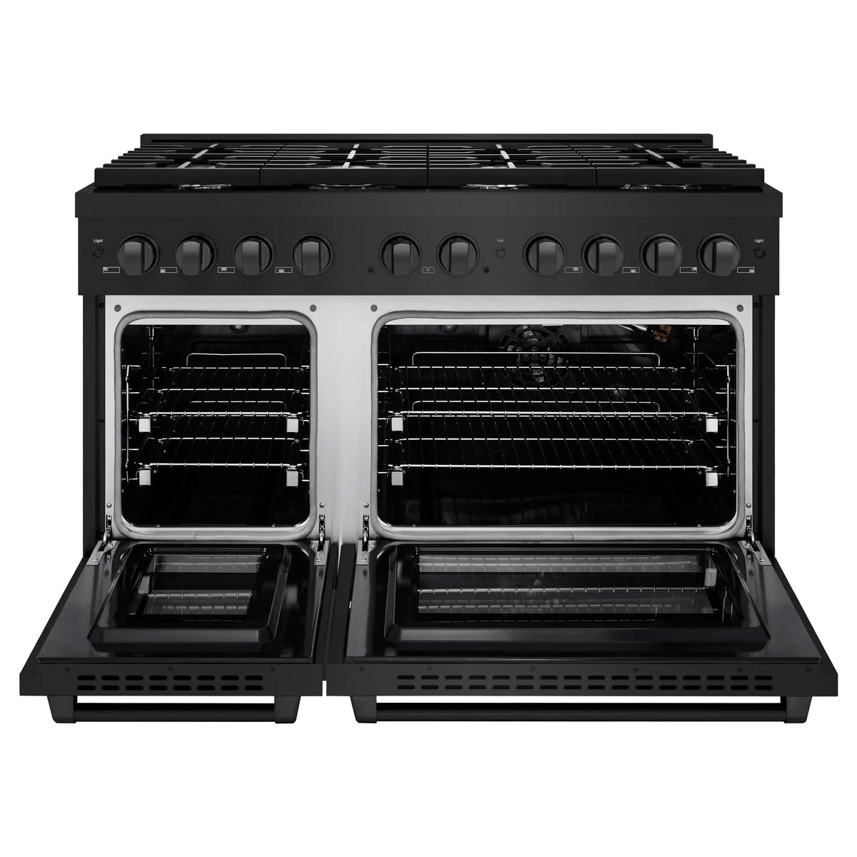 Black gas range with both oven doors open, showing oven racks and burner compartments.