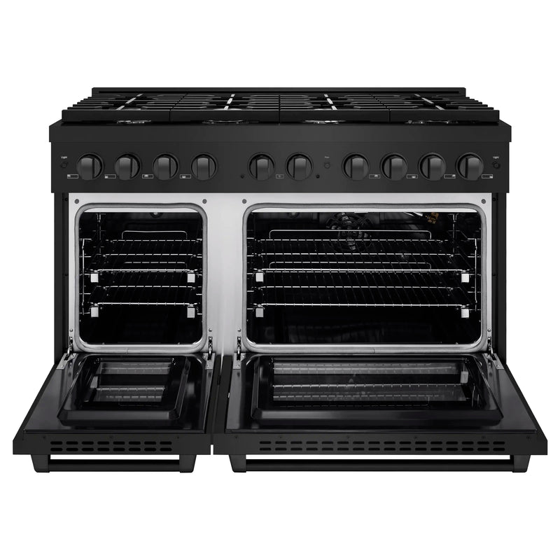 ZLINE 4-Piece Appliance Package - 48-Inch Gas Range, Refrigerator, Convertible Wall Mount Hood, and Microwave Drawer in Black Stainless Steel (4KPR-RGBRH48-MW)