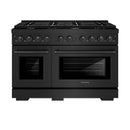 ZLINE 4-Piece Appliance Package - 48-Inch Gas Range, Refrigerator with Water Dispenser, Convertible Wall Mount Hood, and Microwave Drawer in Black Stainless Steel (4KPRW-SGRBRH48-MWD)