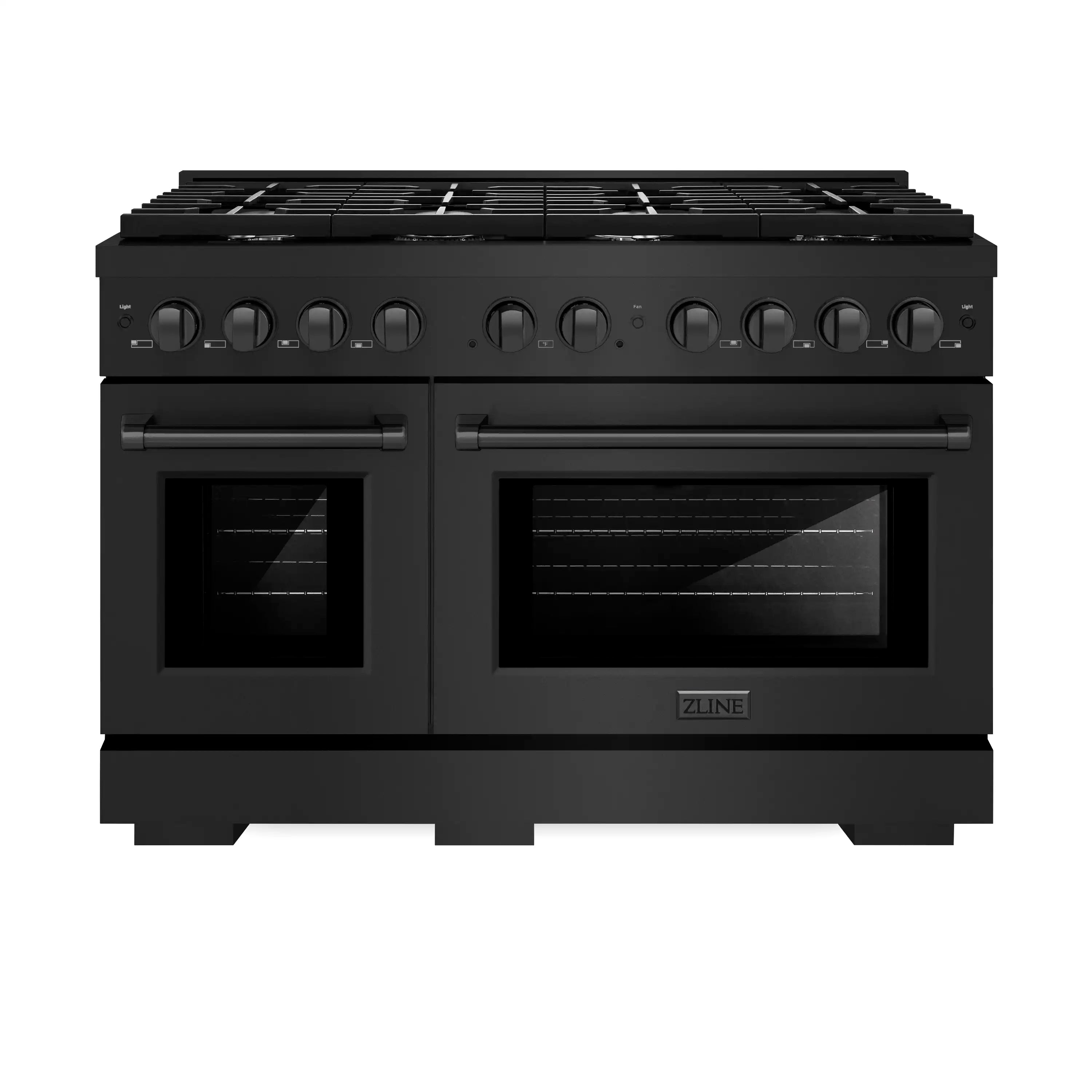 Black freestanding gas range with two oven doors and control knobs