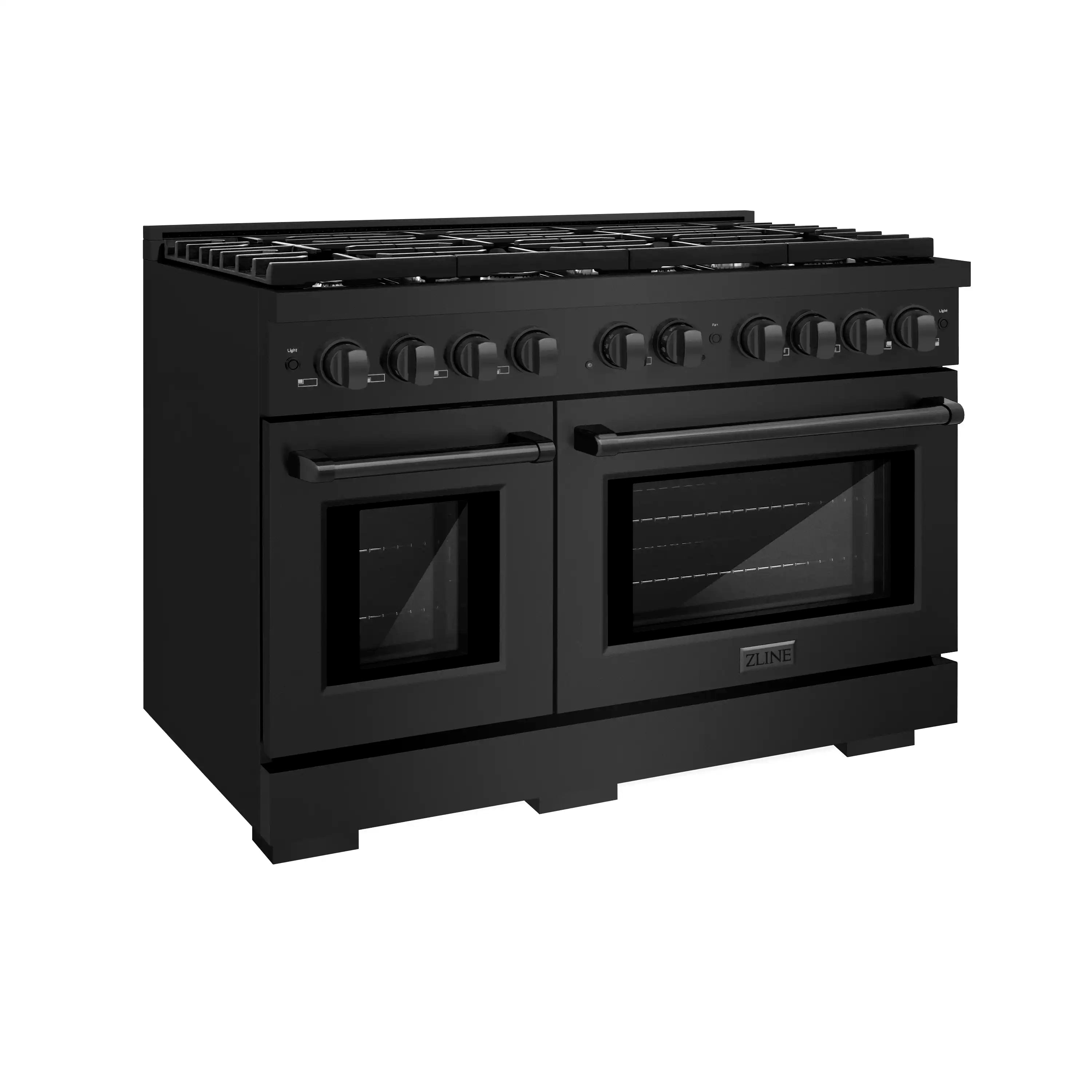 Black stainless steel gas range with two oven doors and top burner grates