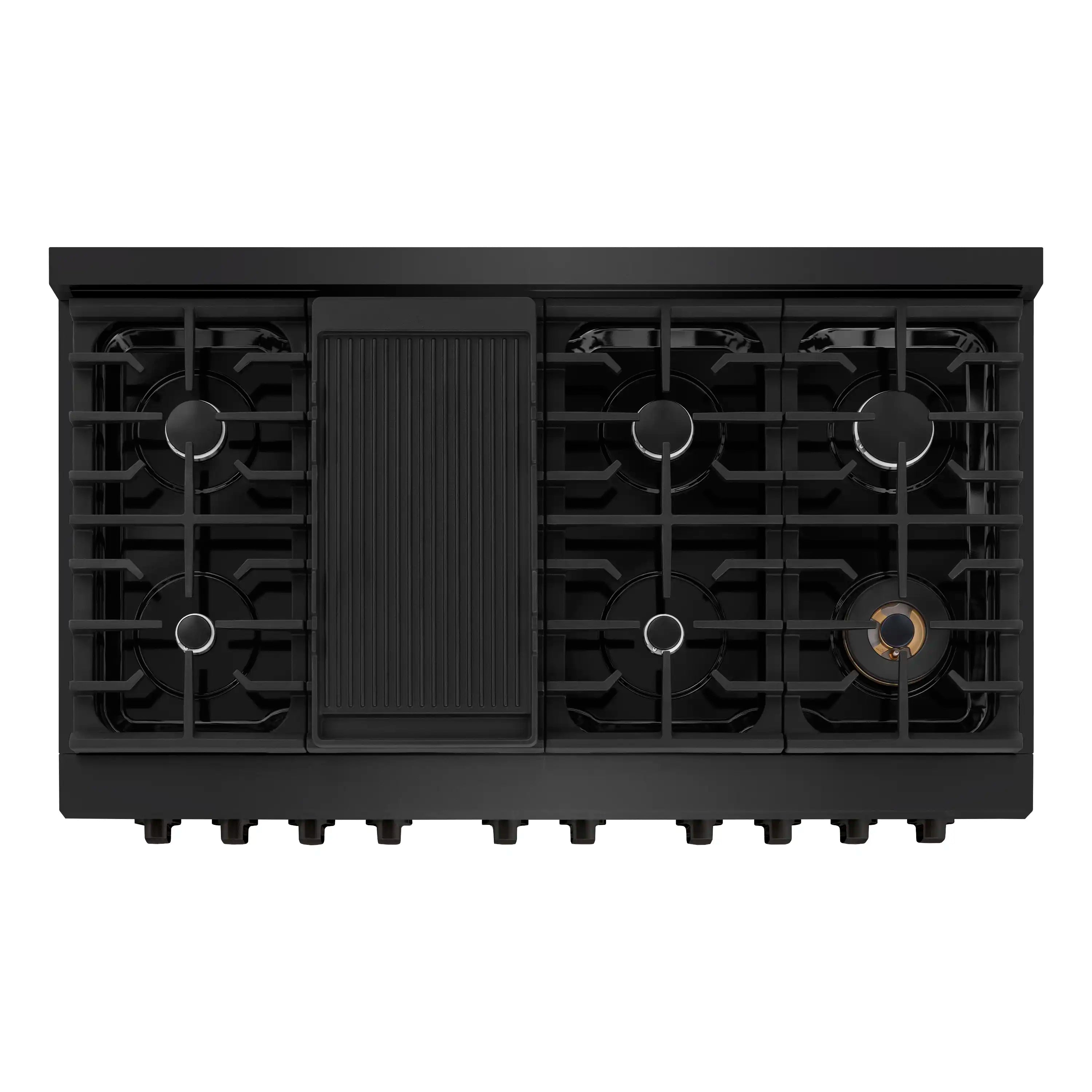 Black gas cooktop burner grates with center and side burners