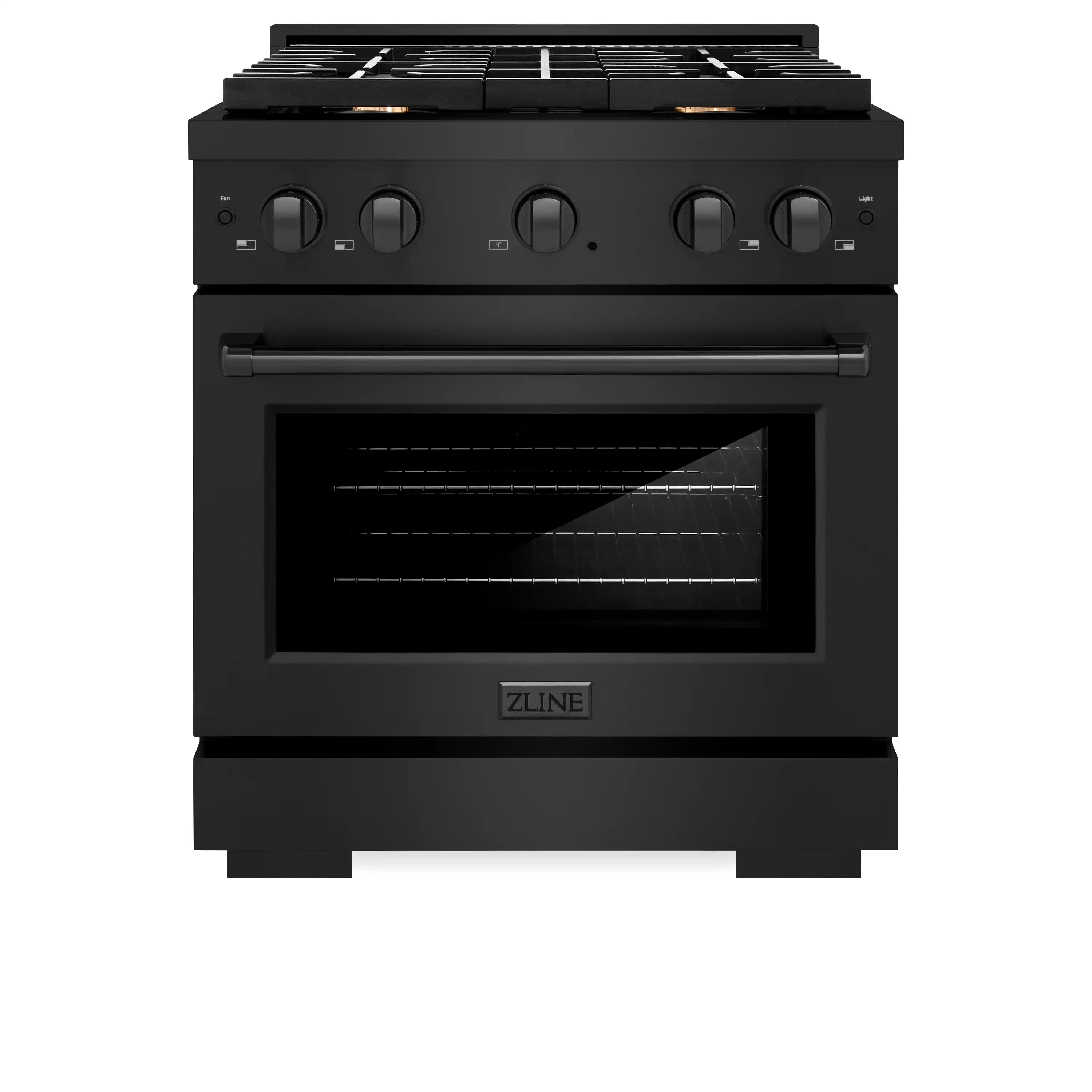 Black stainless gas range front panel with control knobs and oven door
