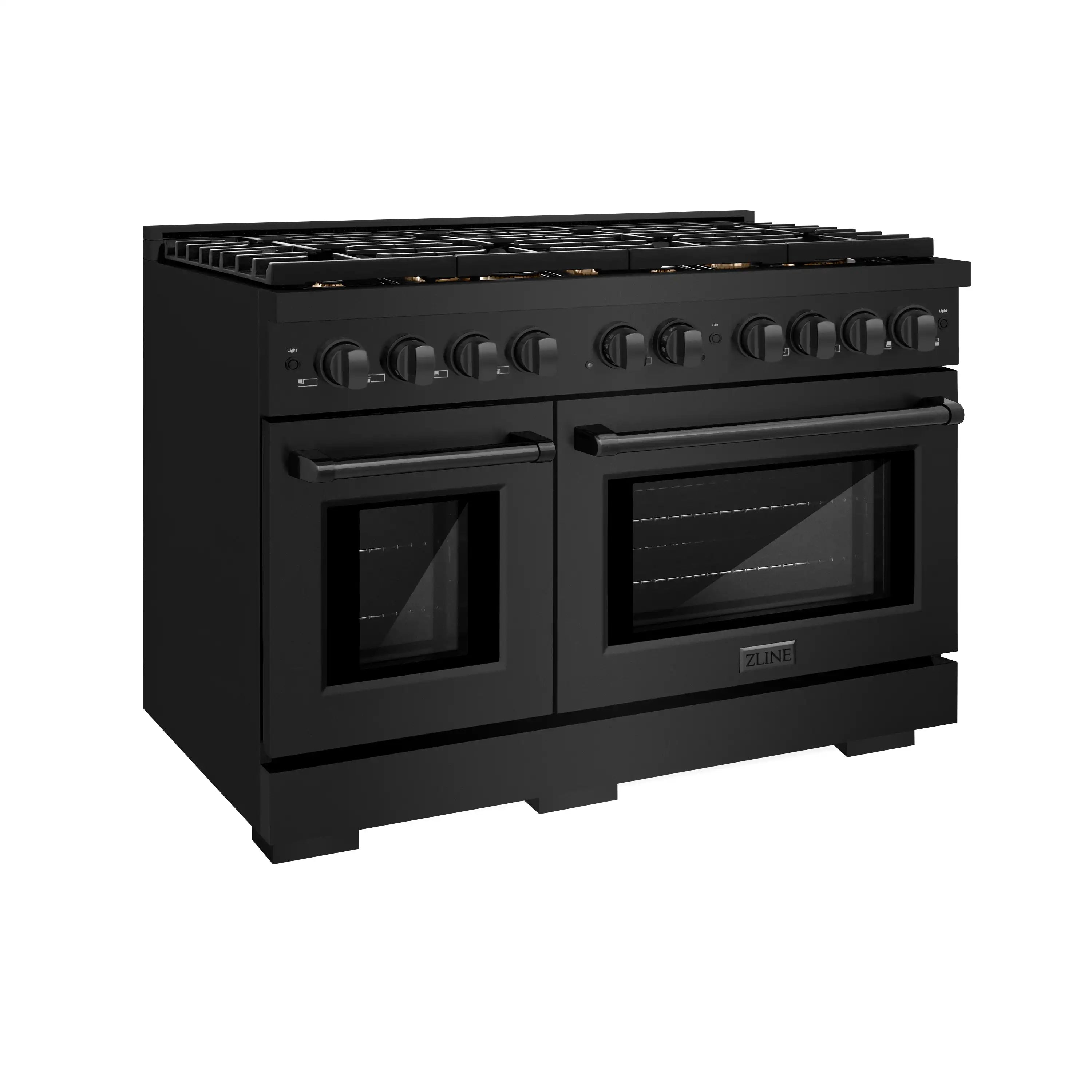 Black double-oven gas range with two oven doors and black control panel