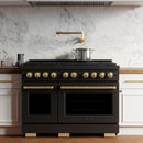ZLINE 4-Piece Appliance Package - 48-Inch Paramount Gas Range, Wall Mount Range Hood, 36-Inch French Door Refrigerator, Dishwasher, in Black Stainless Steel with Gold Accents