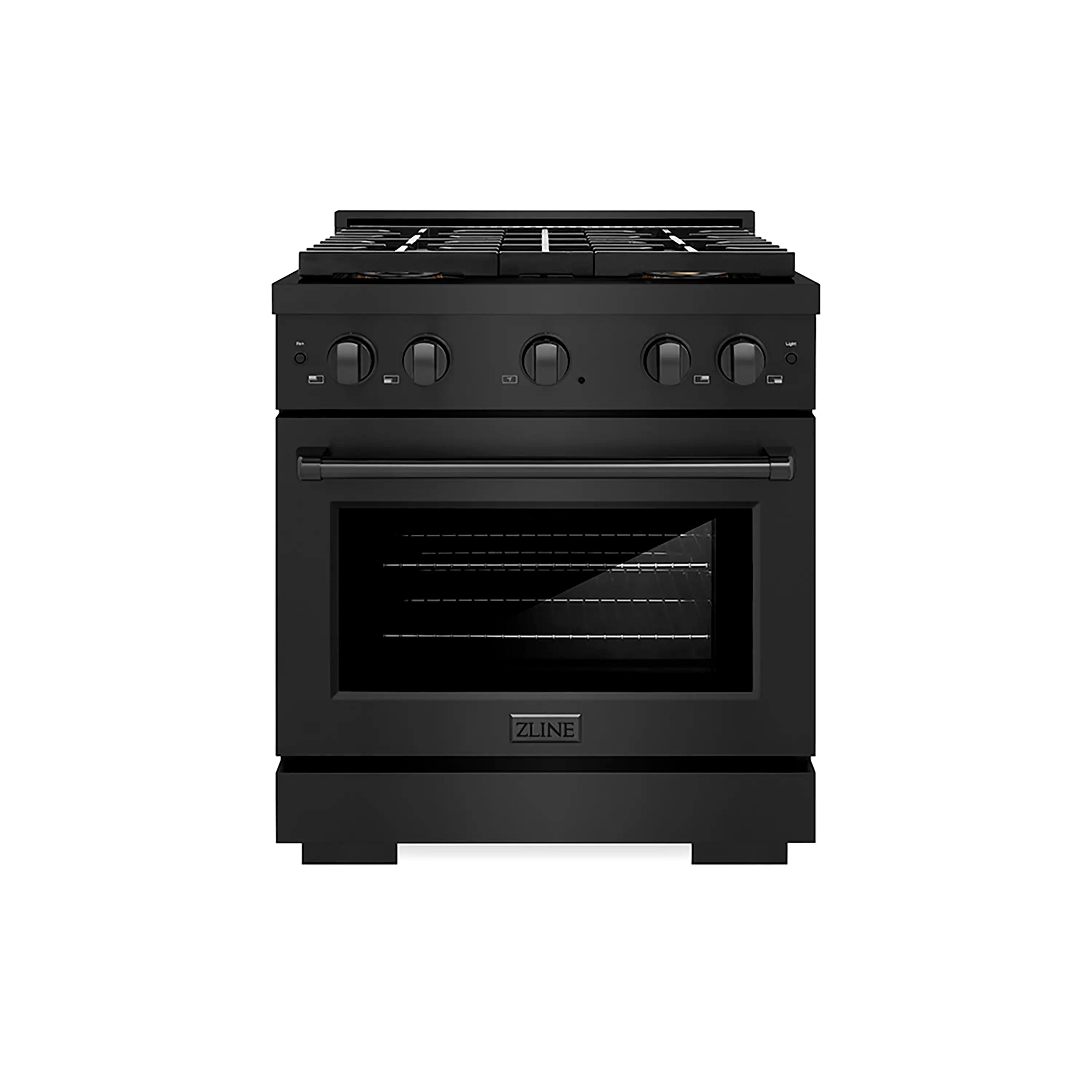 Black gas range with four-burner cooktop and convection oven, front view