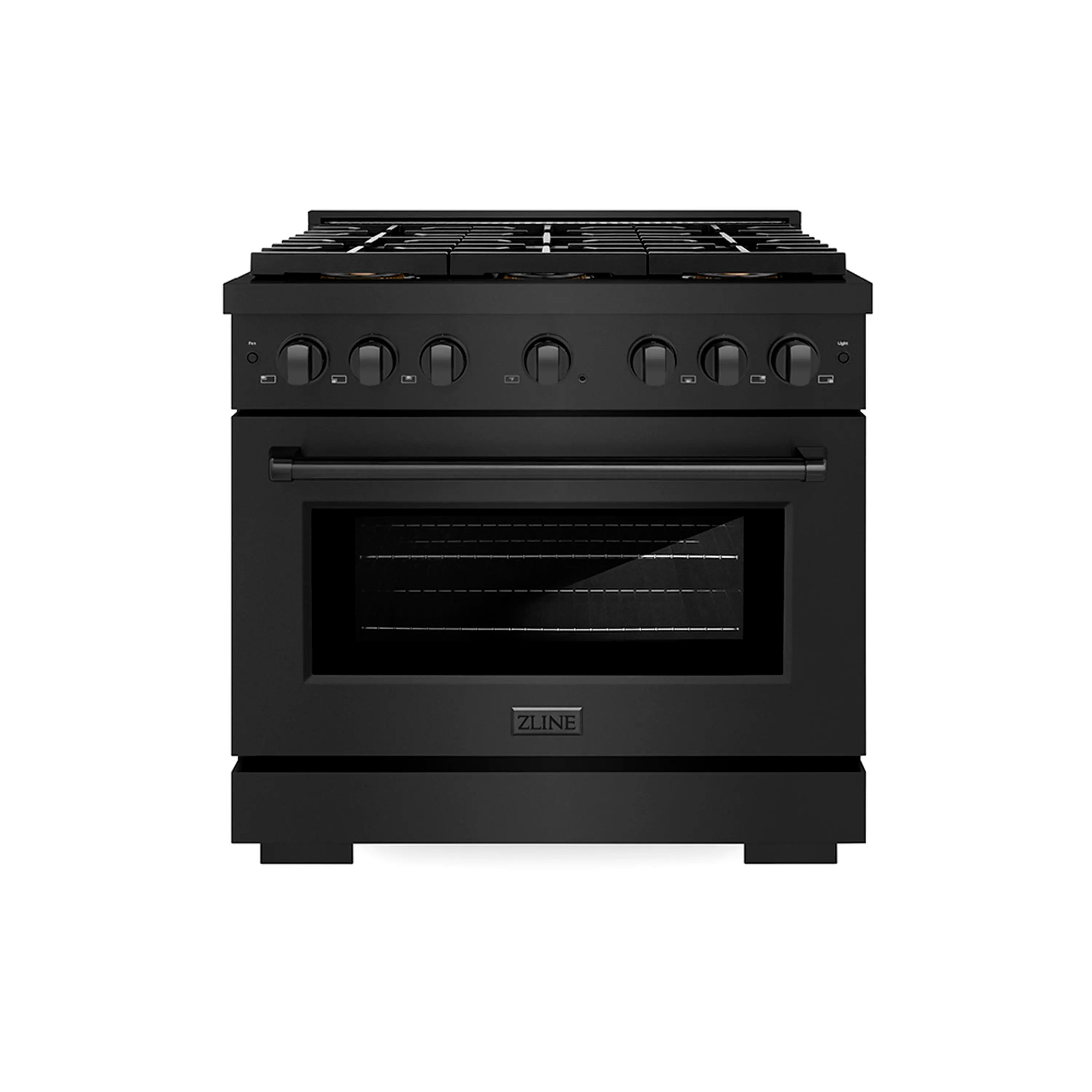 Black stainless steel 5-burner gas range with oven door