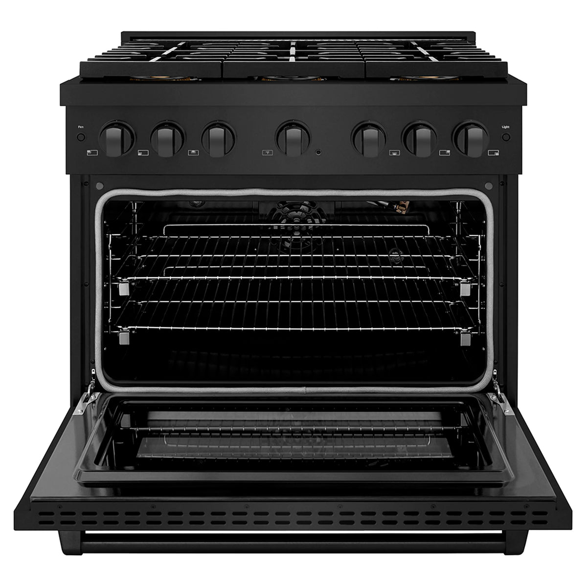 Open gas oven with racks and interior burner elements