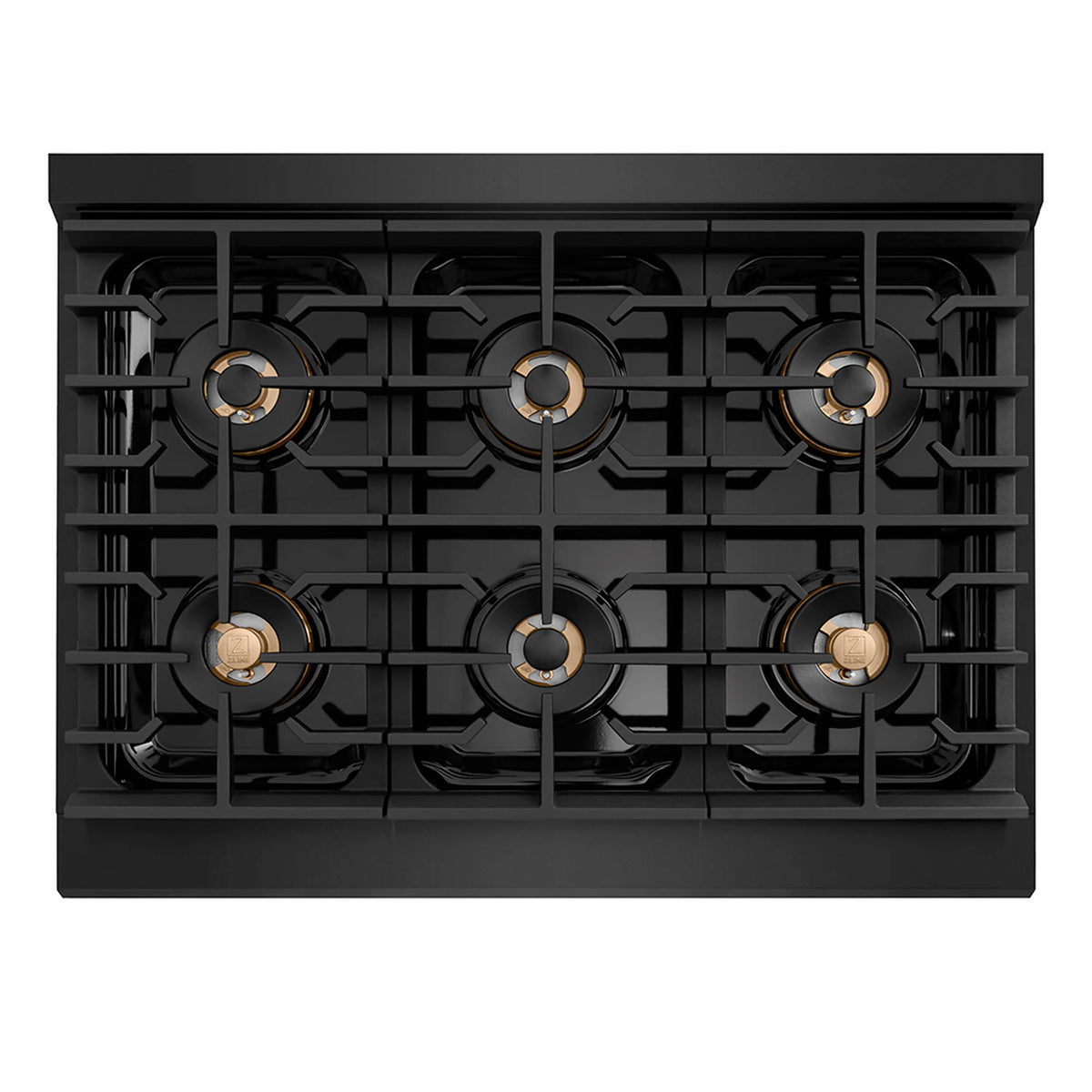 6-burner cooktop with glossy black grates and burner caps