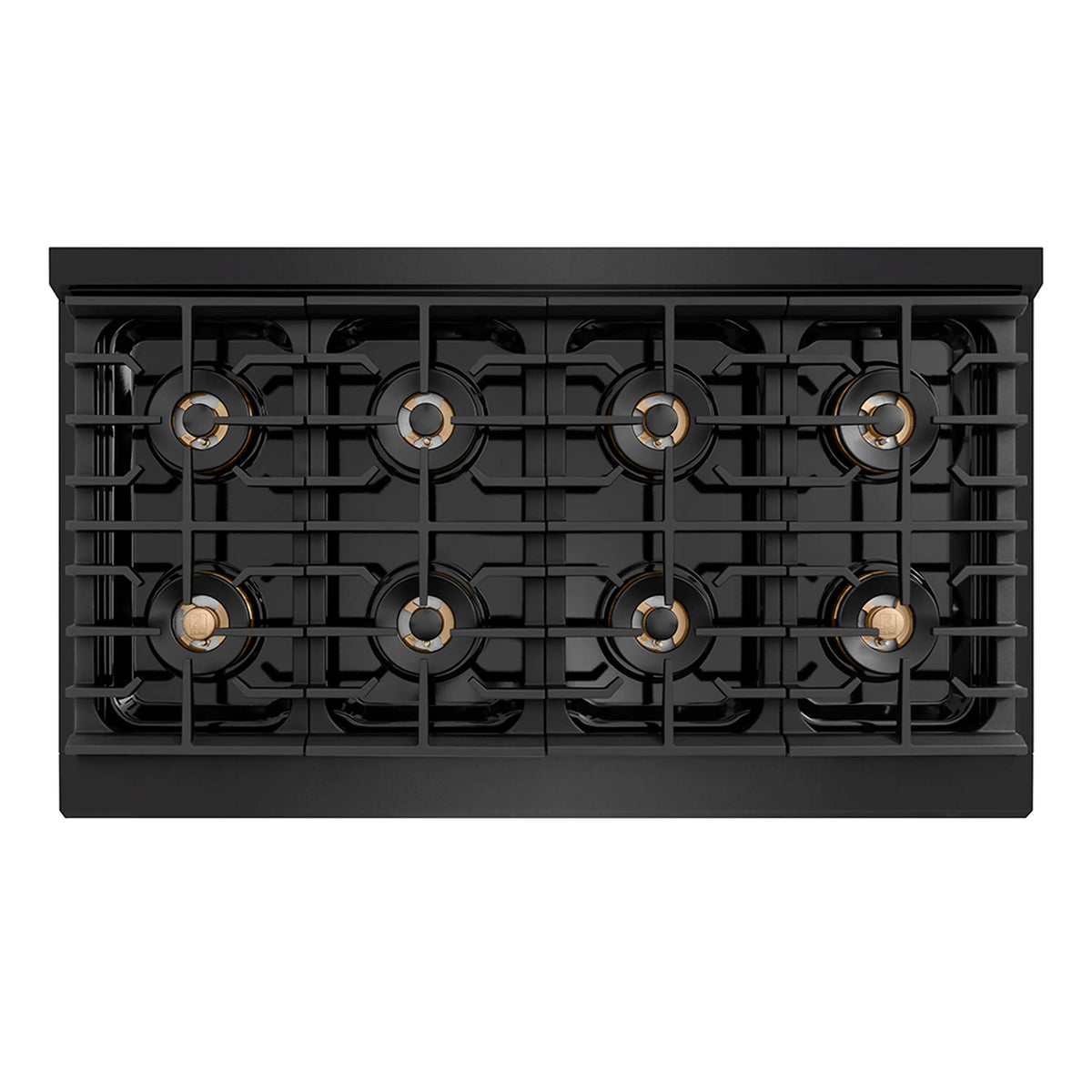 Black gas cooktop with eight burners and brass-colored burner caps, overhead view.