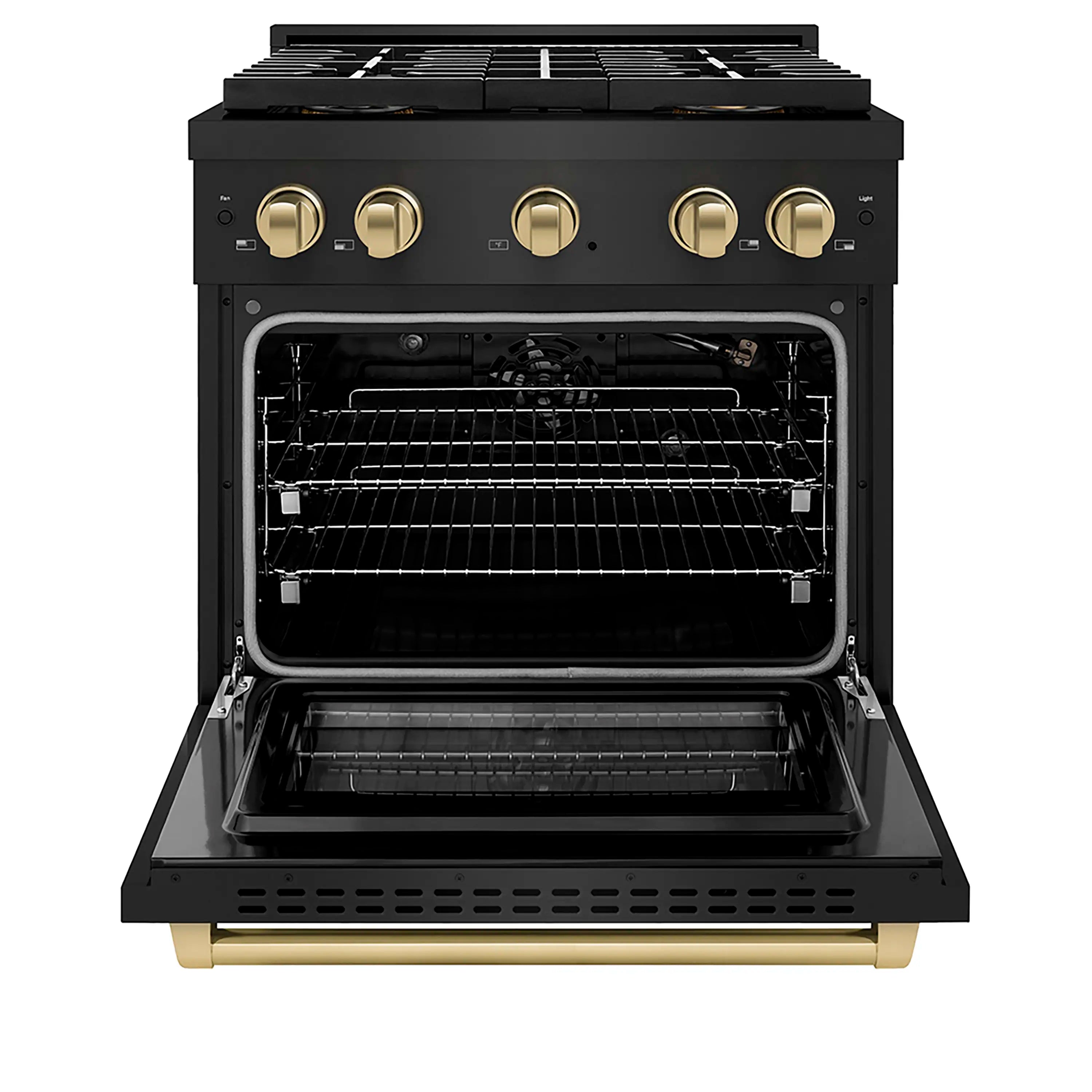 Gas range with open oven door, wire racks inside, and four burner knobs on black top