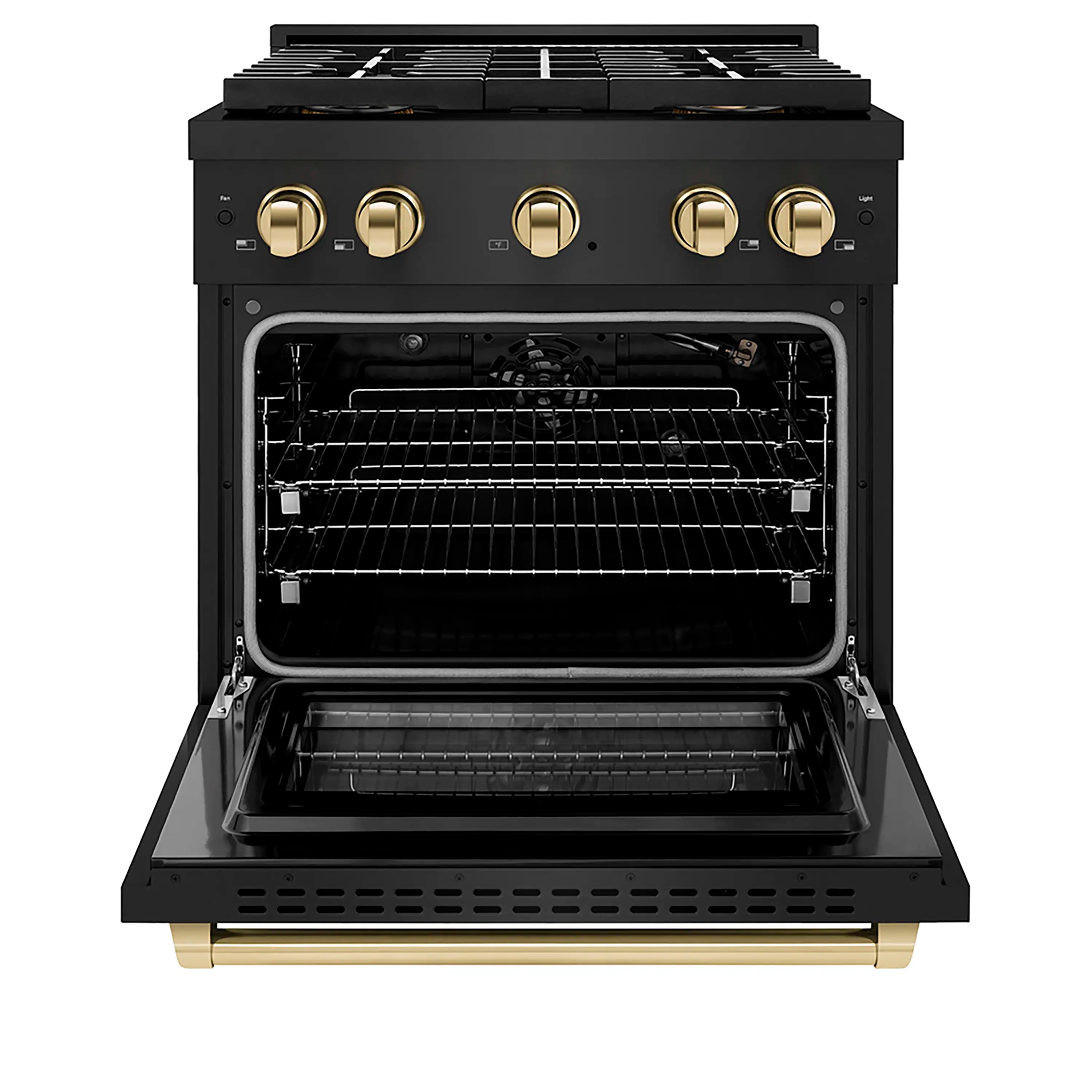 Black gas range with open convection oven and gold-trim control knobs
