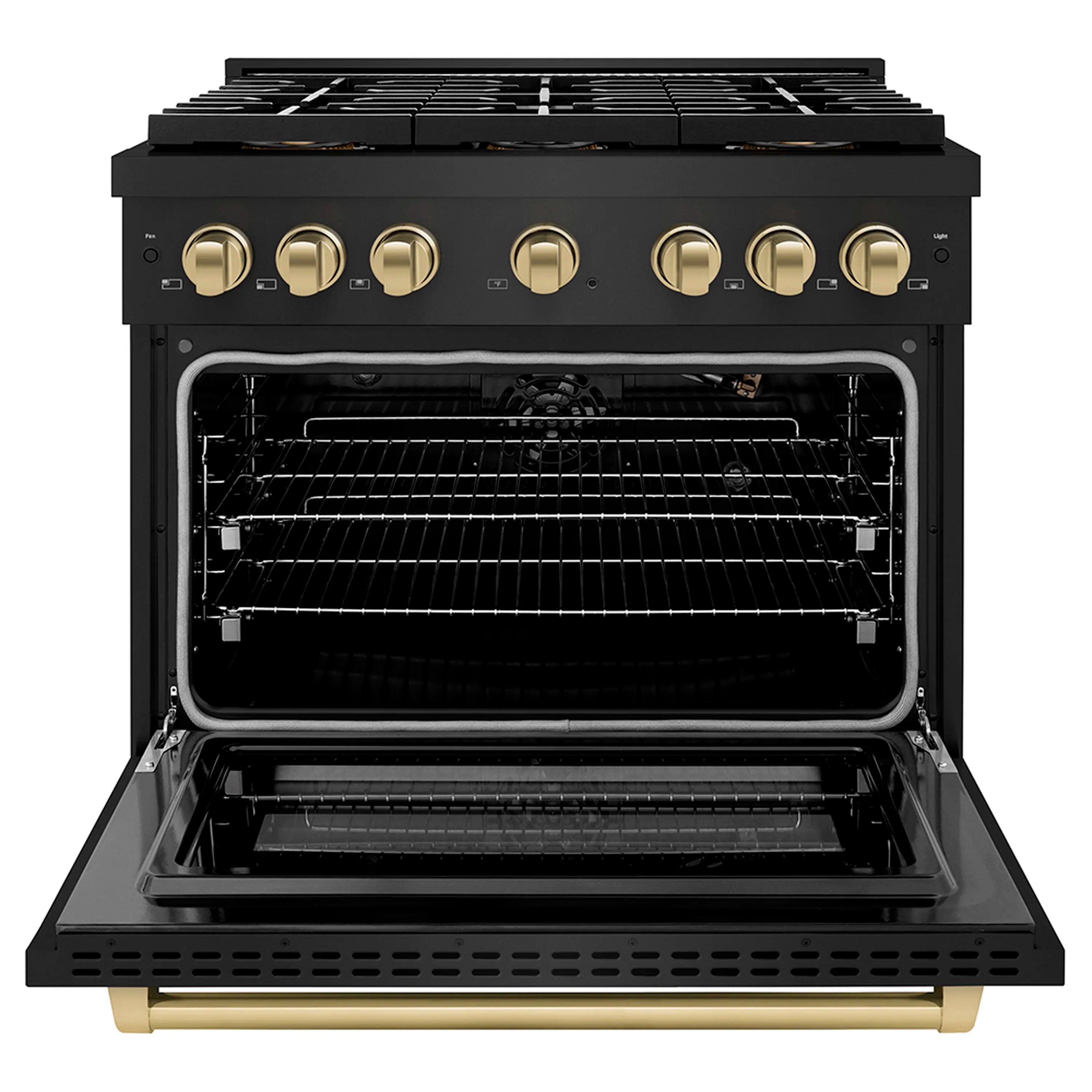 Gas range with oven door open, interior racks, and champagne bronze base trim
