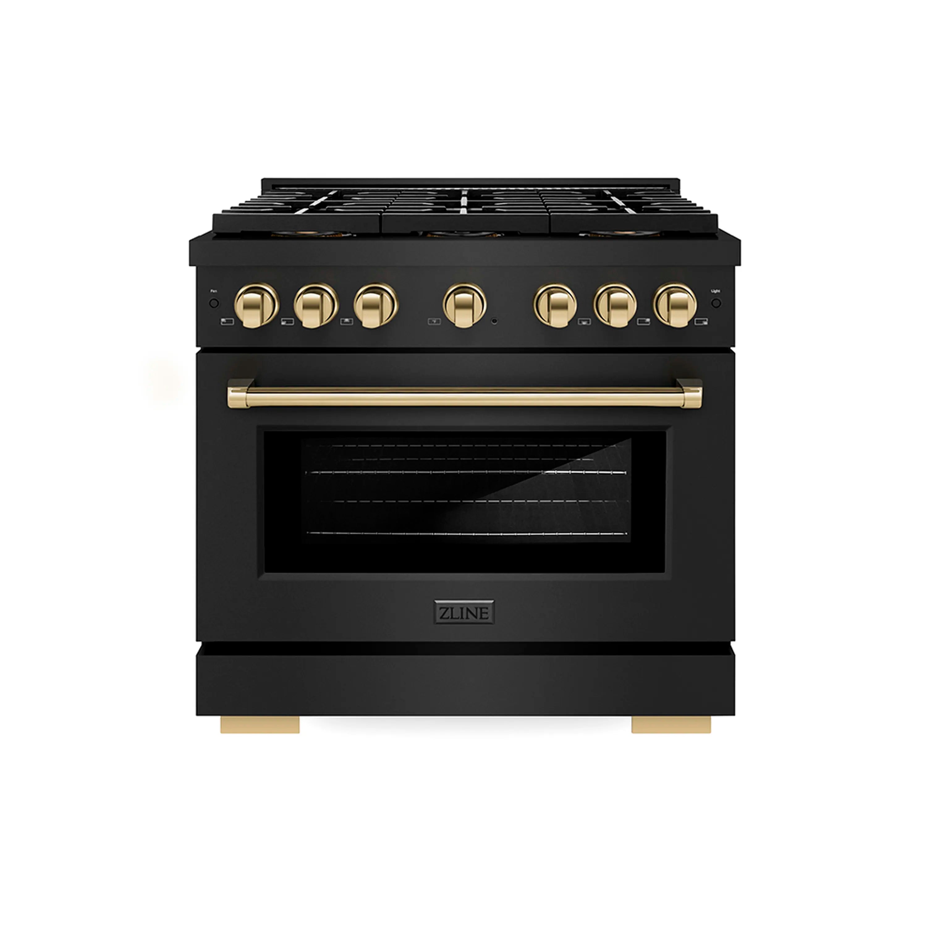 Black stainless gas range with gold control knobs and oven door